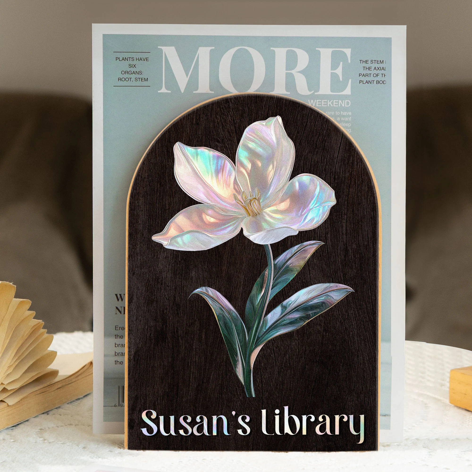 Birth Month Flower - Mother Of Pearl Effect - Custom Wood Book Ends