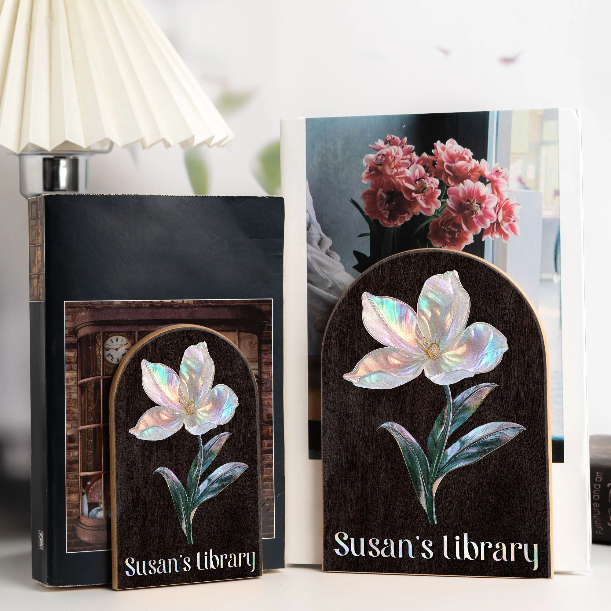 Birth Month Flower - Mother Of Pearl Effect - Custom Wood Book Ends - Image 2