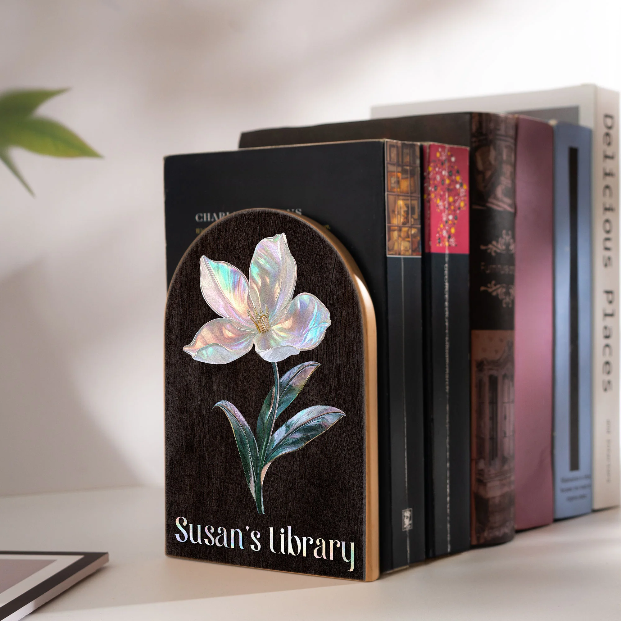 Birth Month Flower - Mother Of Pearl Effect - Custom Wood Book Ends - Image 3