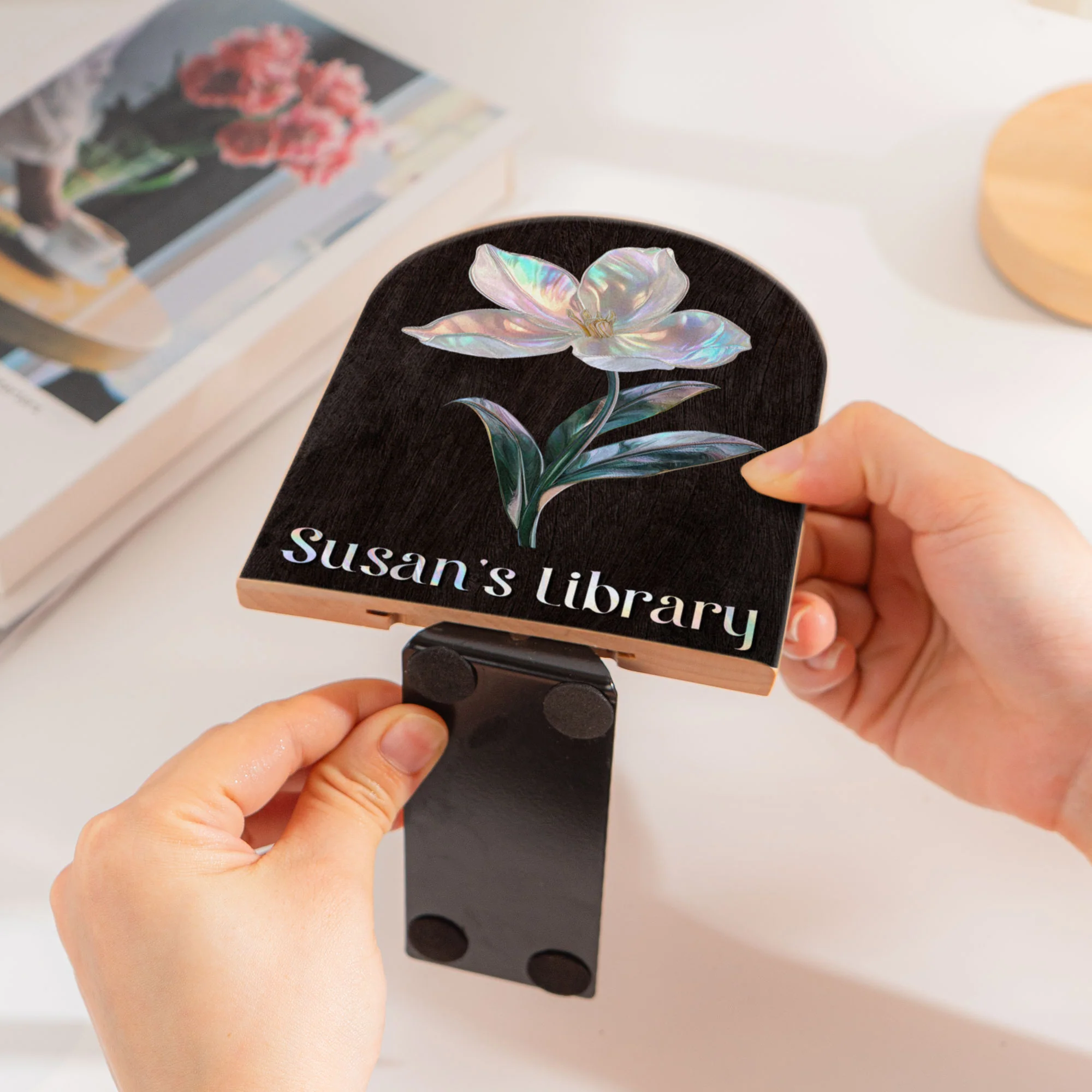 Birth Month Flower - Mother Of Pearl Effect - Custom Wood Book Ends - Image 4