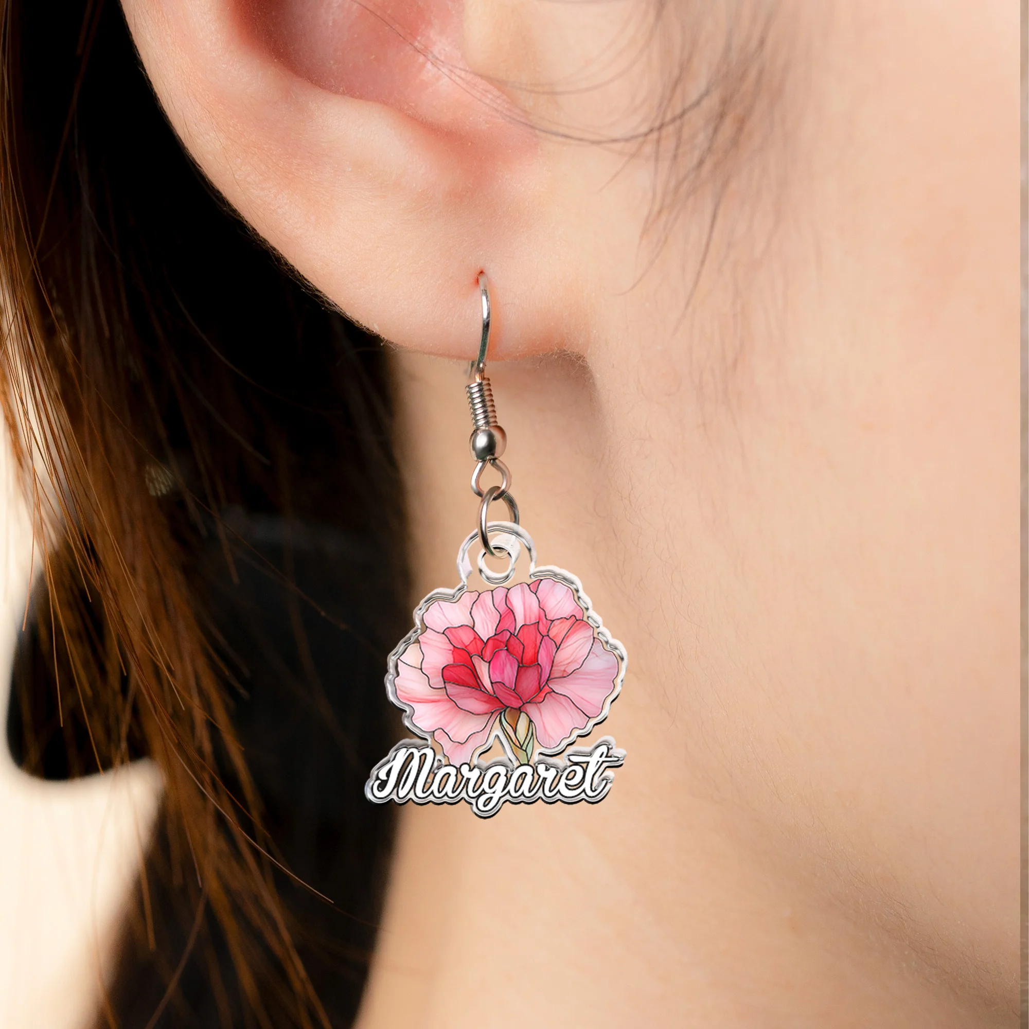 Birth Month Flower Stained Glass Effect Custom Name - Personalized Acrylic Earrings - Image 2