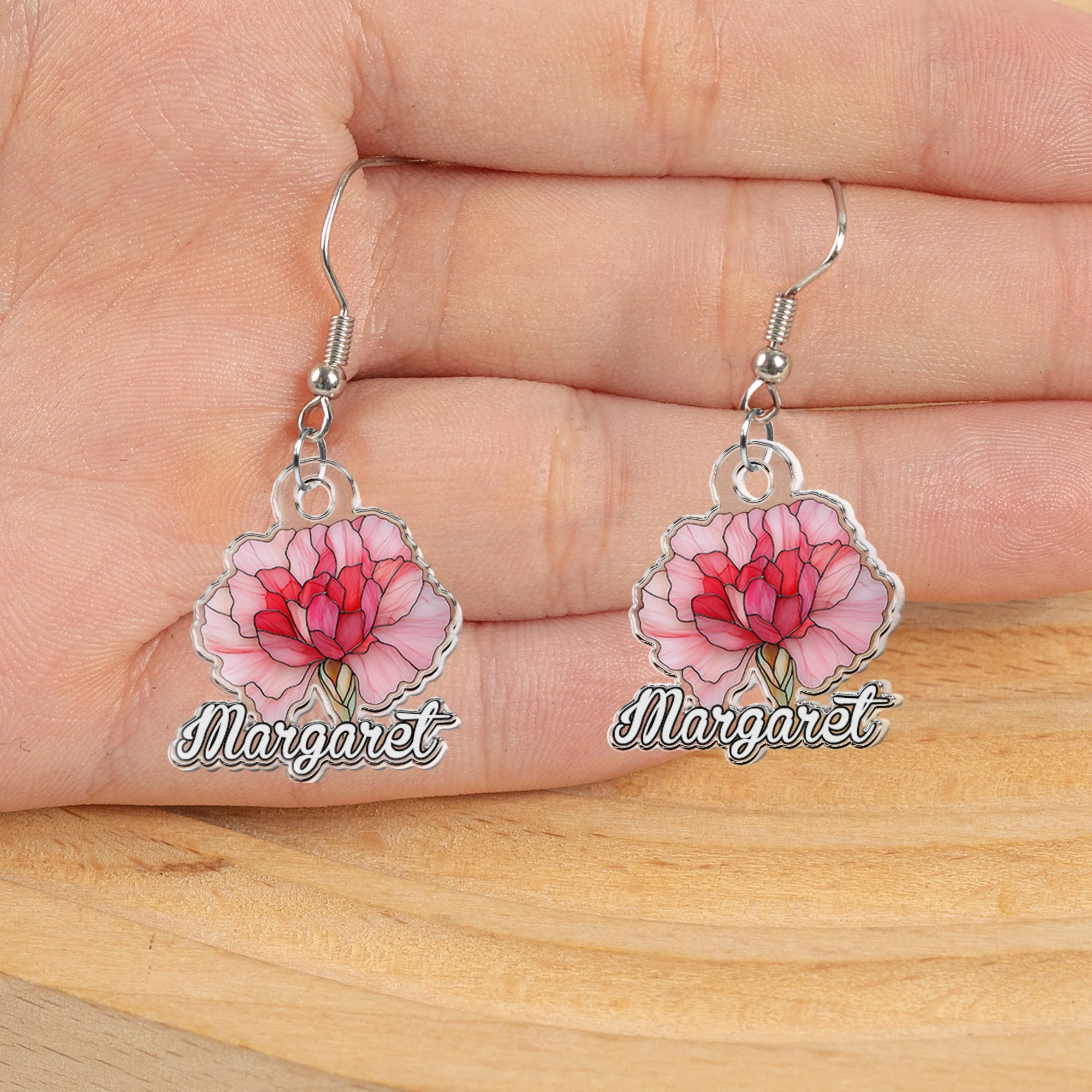 Birth Month Flower Stained Glass Effect Custom Name - Personalized Acrylic Earrings - Image 3