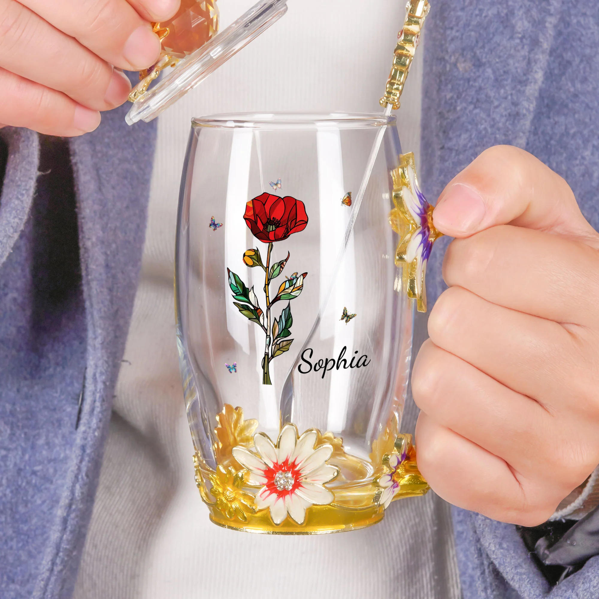 Birth Month Flower Stained Glass Version - Personalized Enamel Flower Tea Cup - Image 4