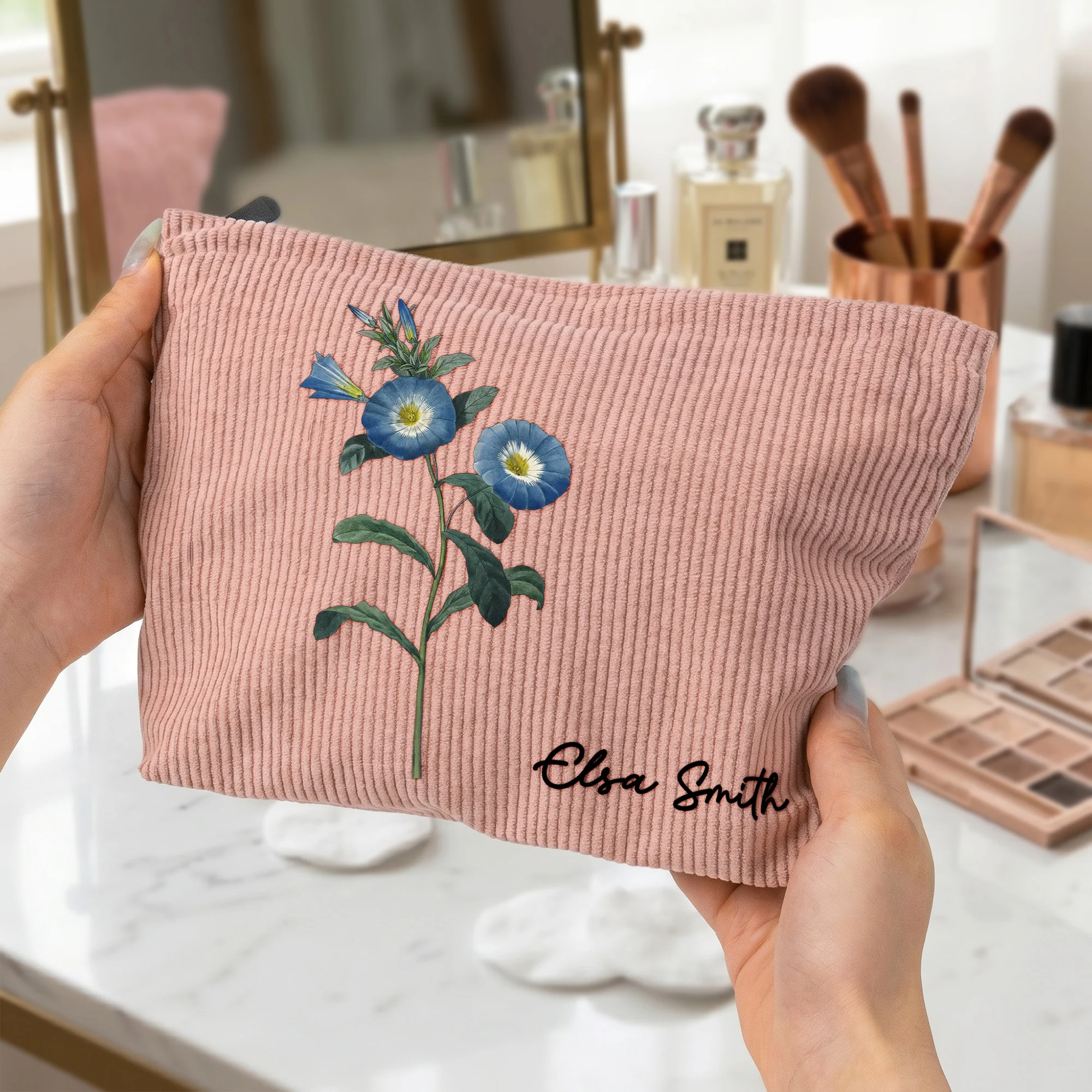 Birth Month Flower With Name - Personalized Makeup Bag - Image 3