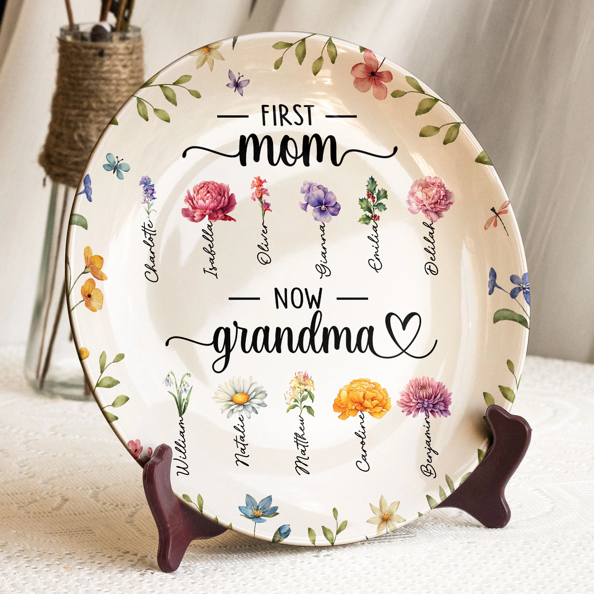 Birthday Flowers First Mom Now Grandma - Personalized Ceramic Plate - Image 3