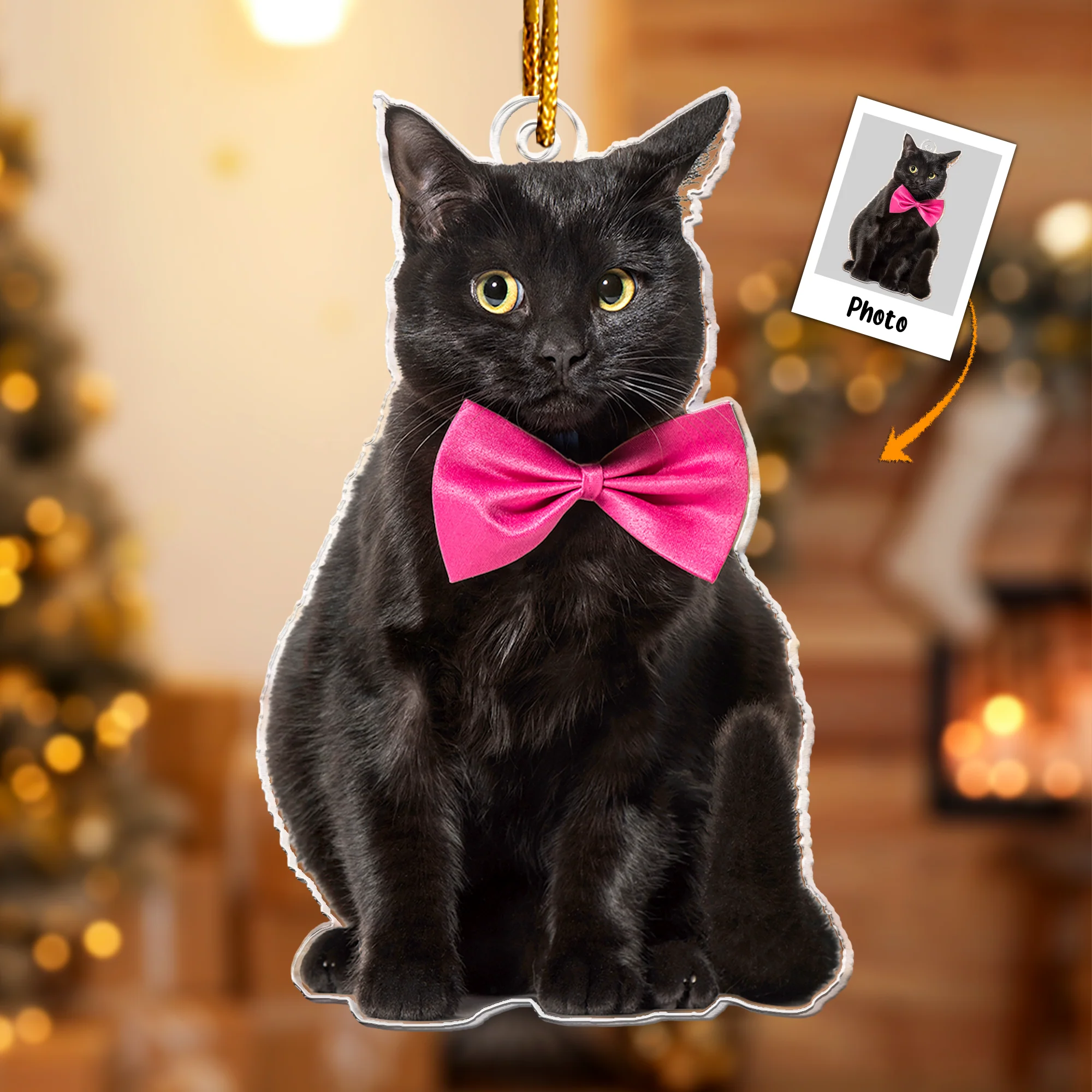 Black Cat Ornament Christmas Keepsake - Personalized Acrylic Photo Ornament - Image 2