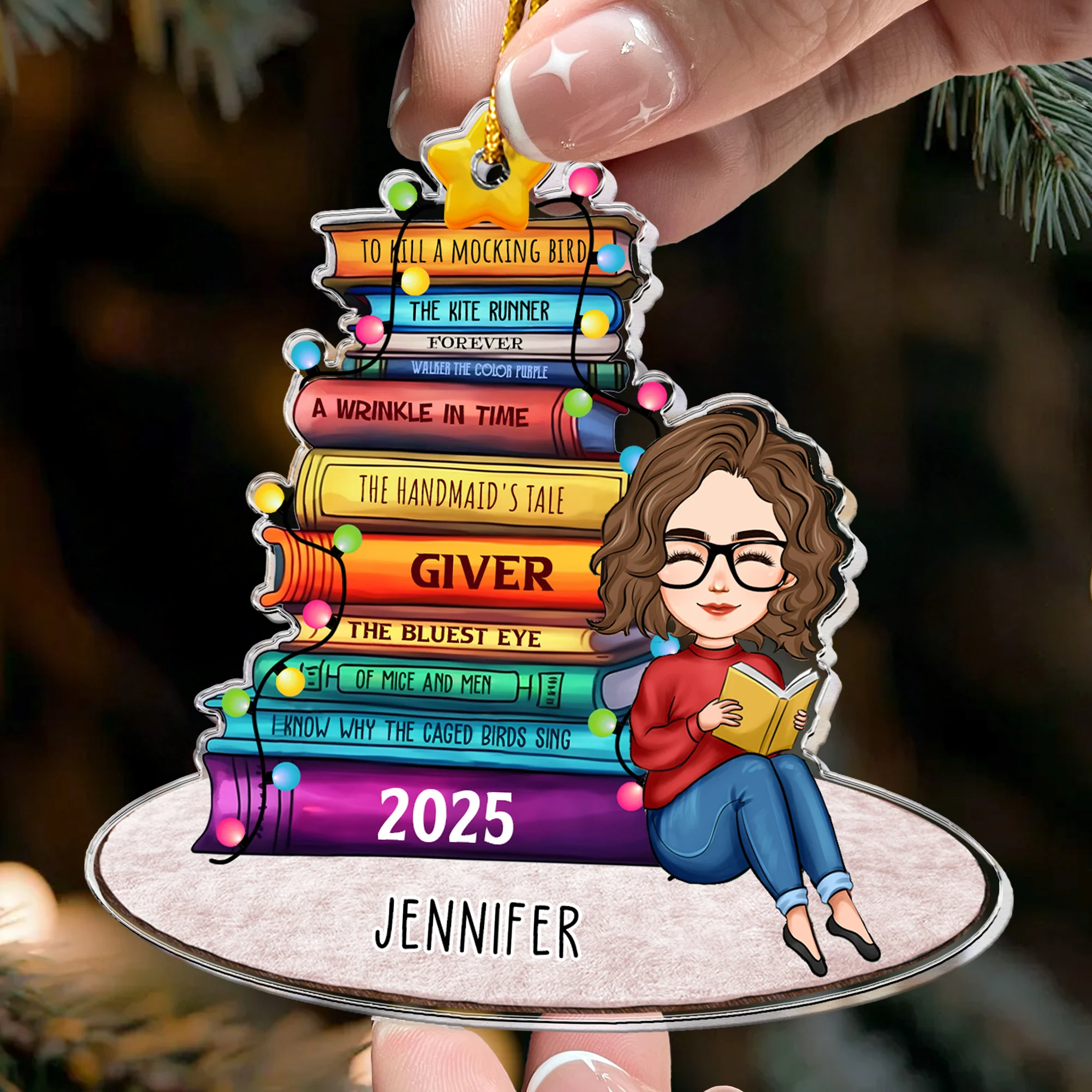 Book List Christmas Tree - Personalized Acrylic Ornament - Image 2