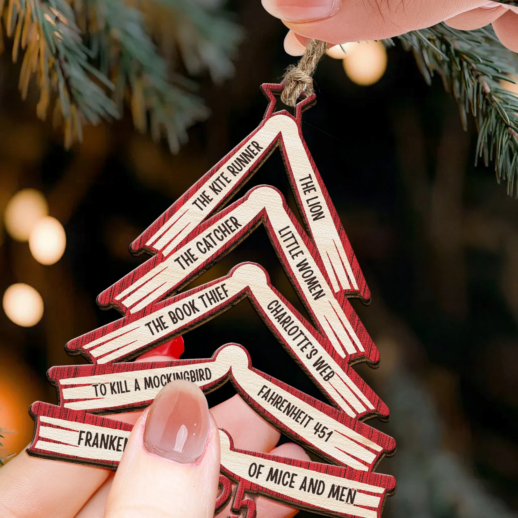 Book Names Christmas Tree 2025 - Personalized Wooden Ornament - Image 3