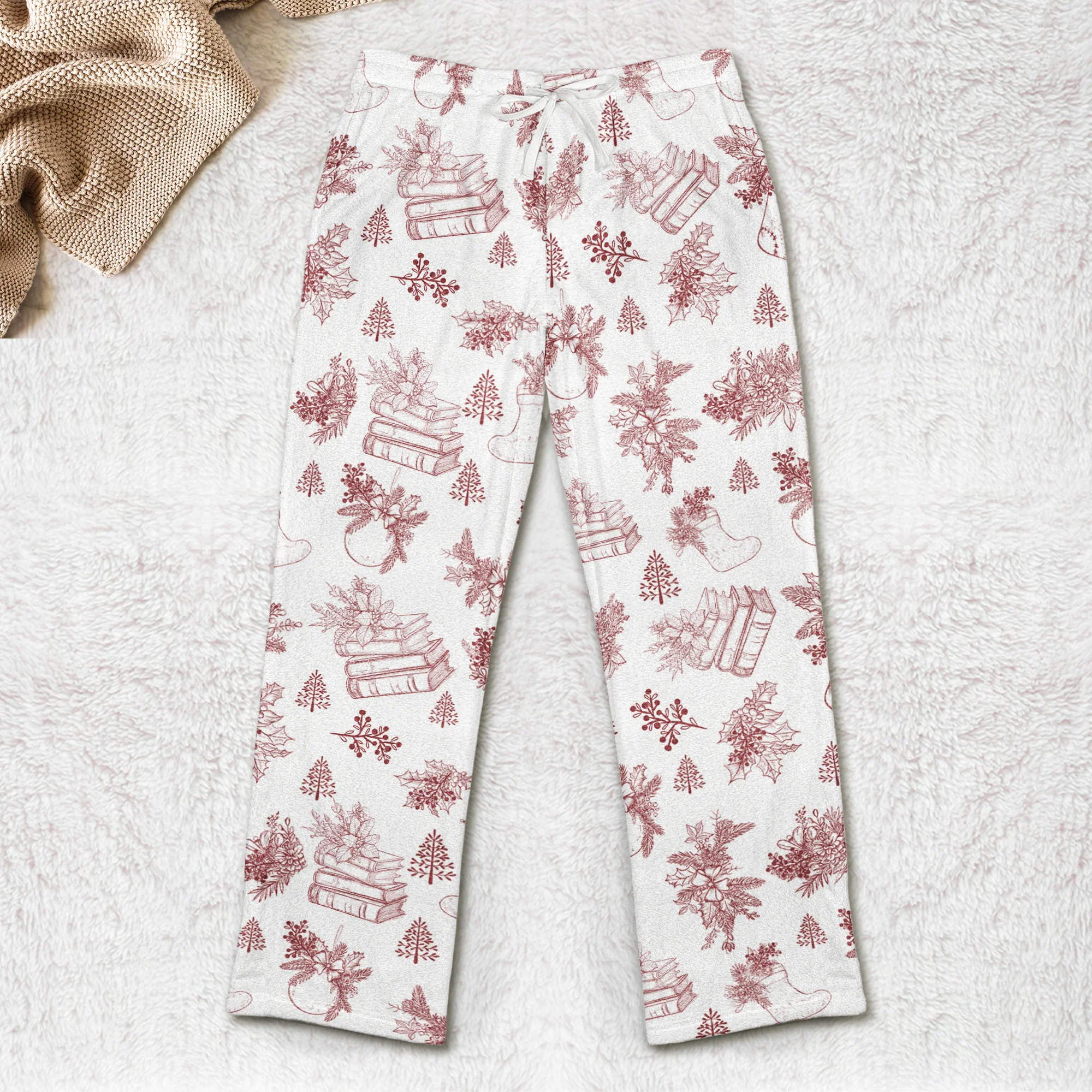 Book, Wine, Baking, Knitting Lover Toile De Jouy - Personalized Fleece Pajama Pants - Image 3