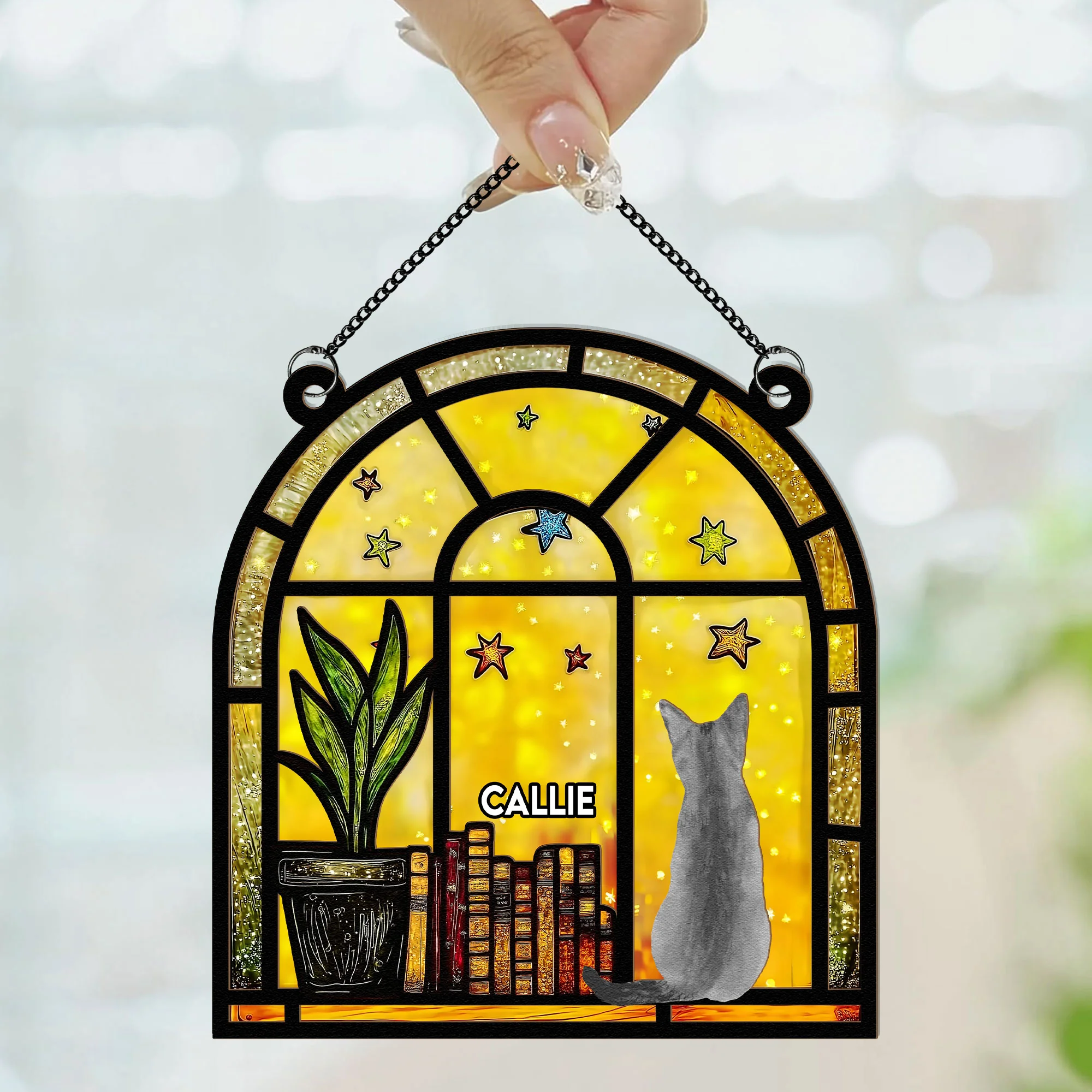 Books And Cats On The Window - Personalized Window Hanging Suncatcher Ornament - Image 2