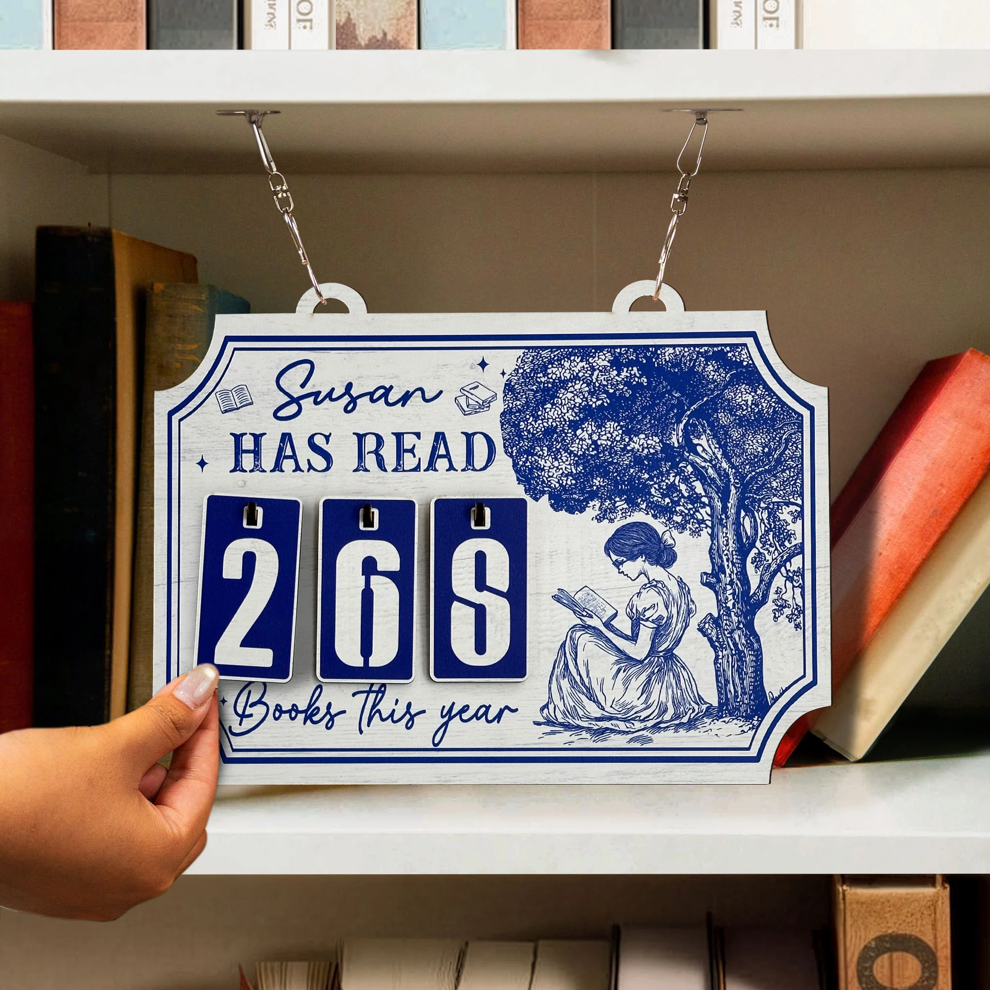 Books Read This Year, Toile De Jouy - Personalized Hanging Bookshelf Counter - Image 2