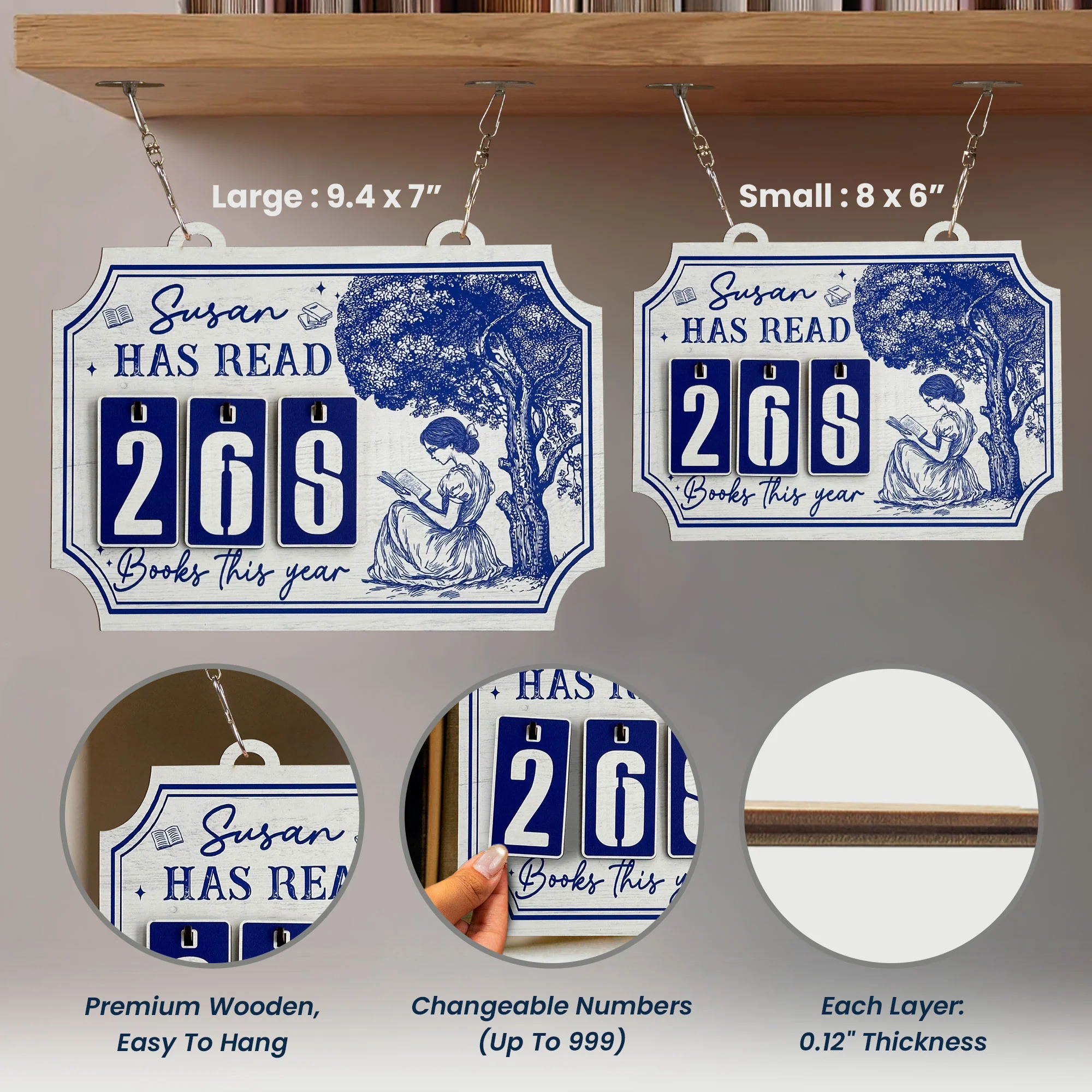 Books Read This Year, Toile De Jouy - Personalized Hanging Bookshelf Counter - Image 6