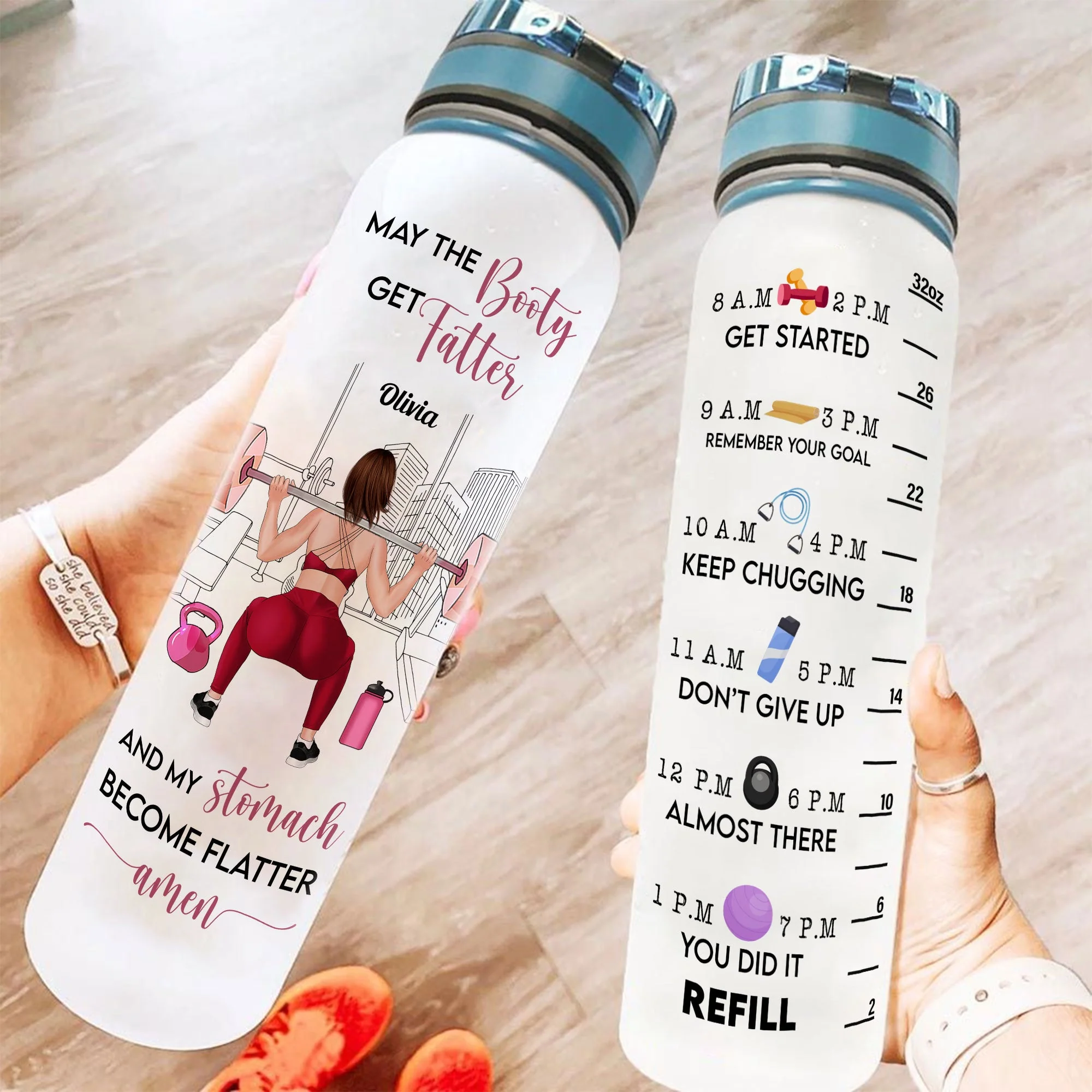 Booty Get Fatter - Personalized Water Bottle With Time Marker - Birthday, Motivation Gift For Fitness Girl, Personal Trainer, Gymer  - Squat Girl - Image 2