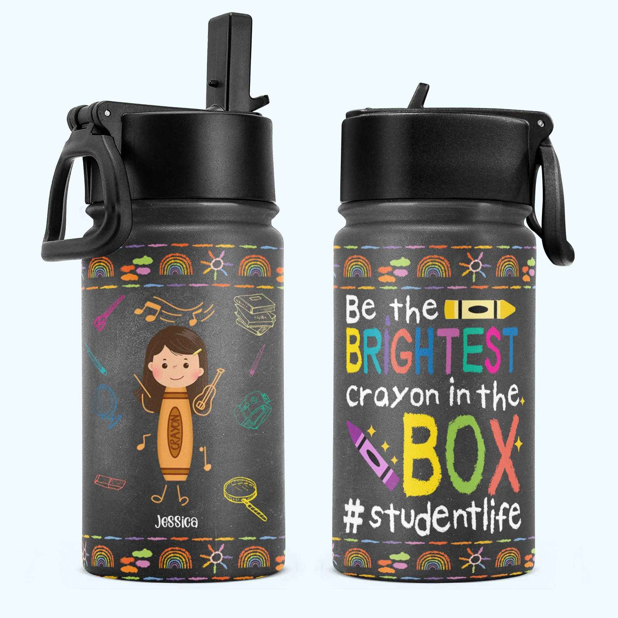Brightest Crayon In The Box - Personalized Kids Water Bottle With Straw Lid - Crayon Kid
