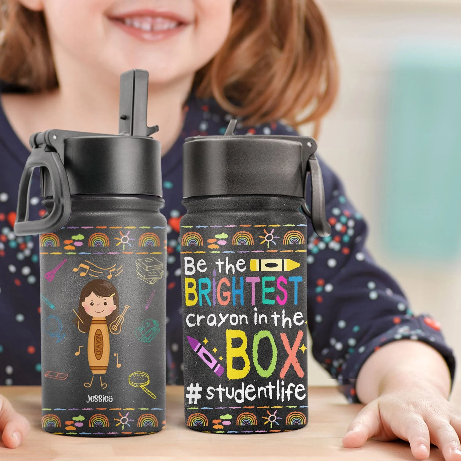 Brightest Crayon In The Box - Personalized Kids Water Bottle With Straw Lid - Crayon Kid - Image 2
