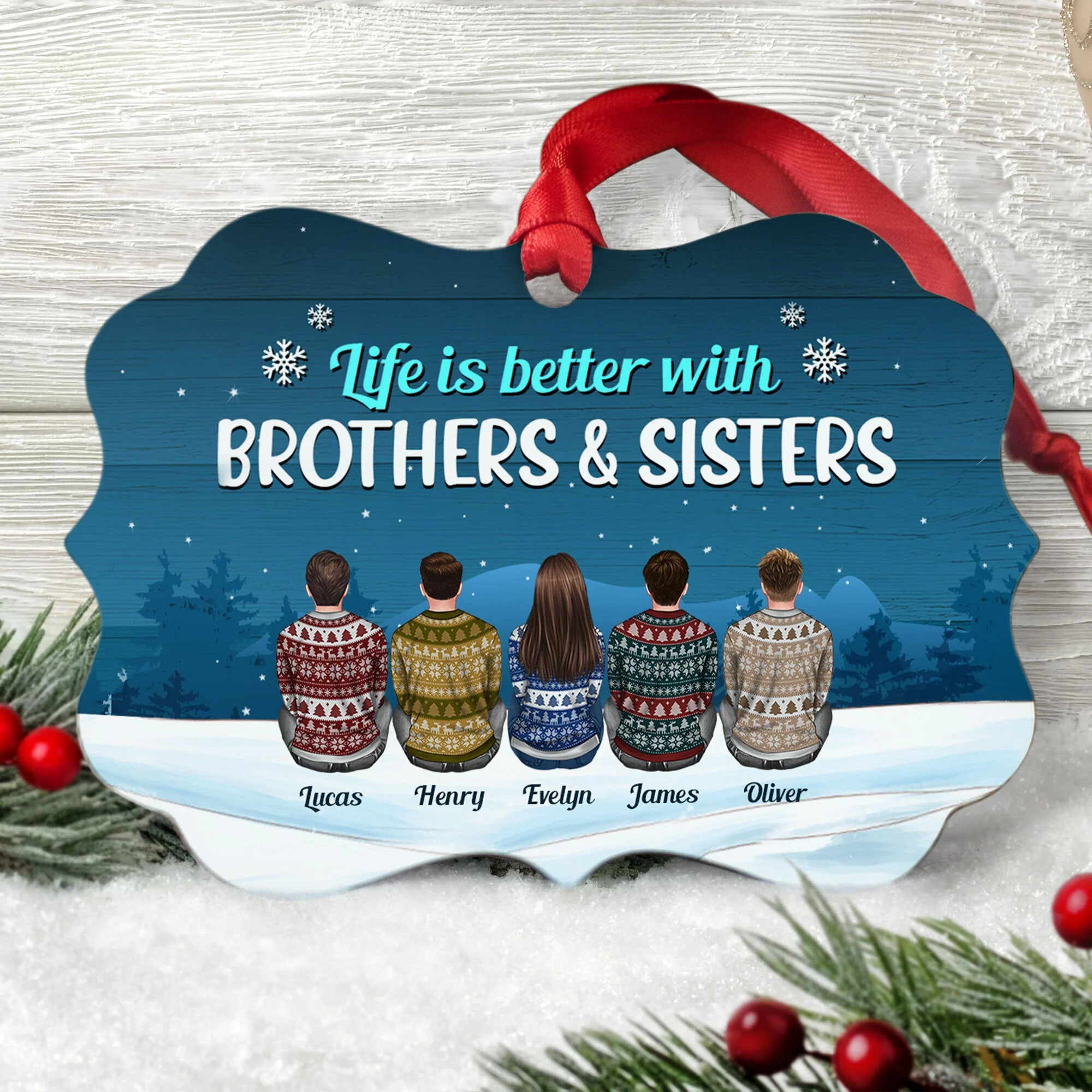 Life Is Better With Brothers And Sisters 2 - Personalized Aluminum Ornament - Ugly Christmas Sweater Sitting - Image 2