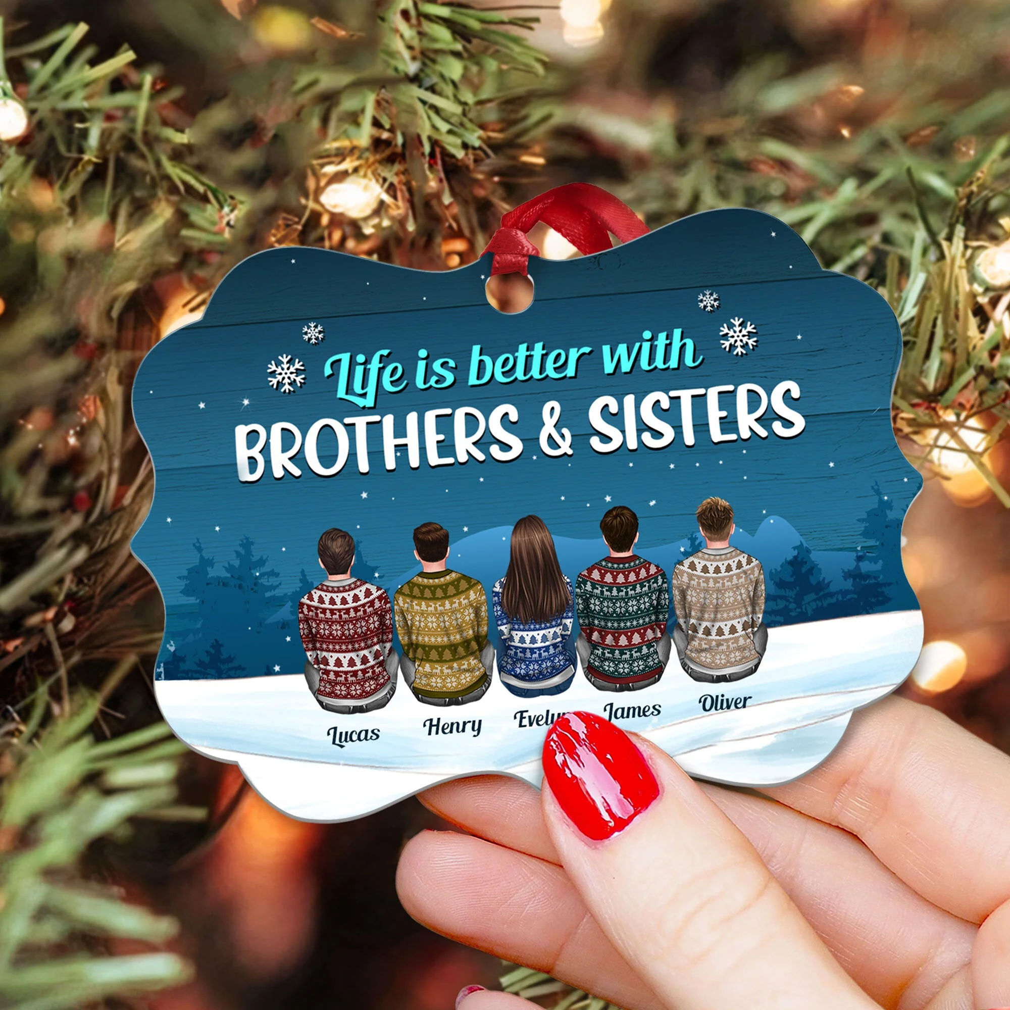 Life Is Better With Brothers And Sisters 2 - Personalized Aluminum Ornament - Ugly Christmas Sweater Sitting - Image 3