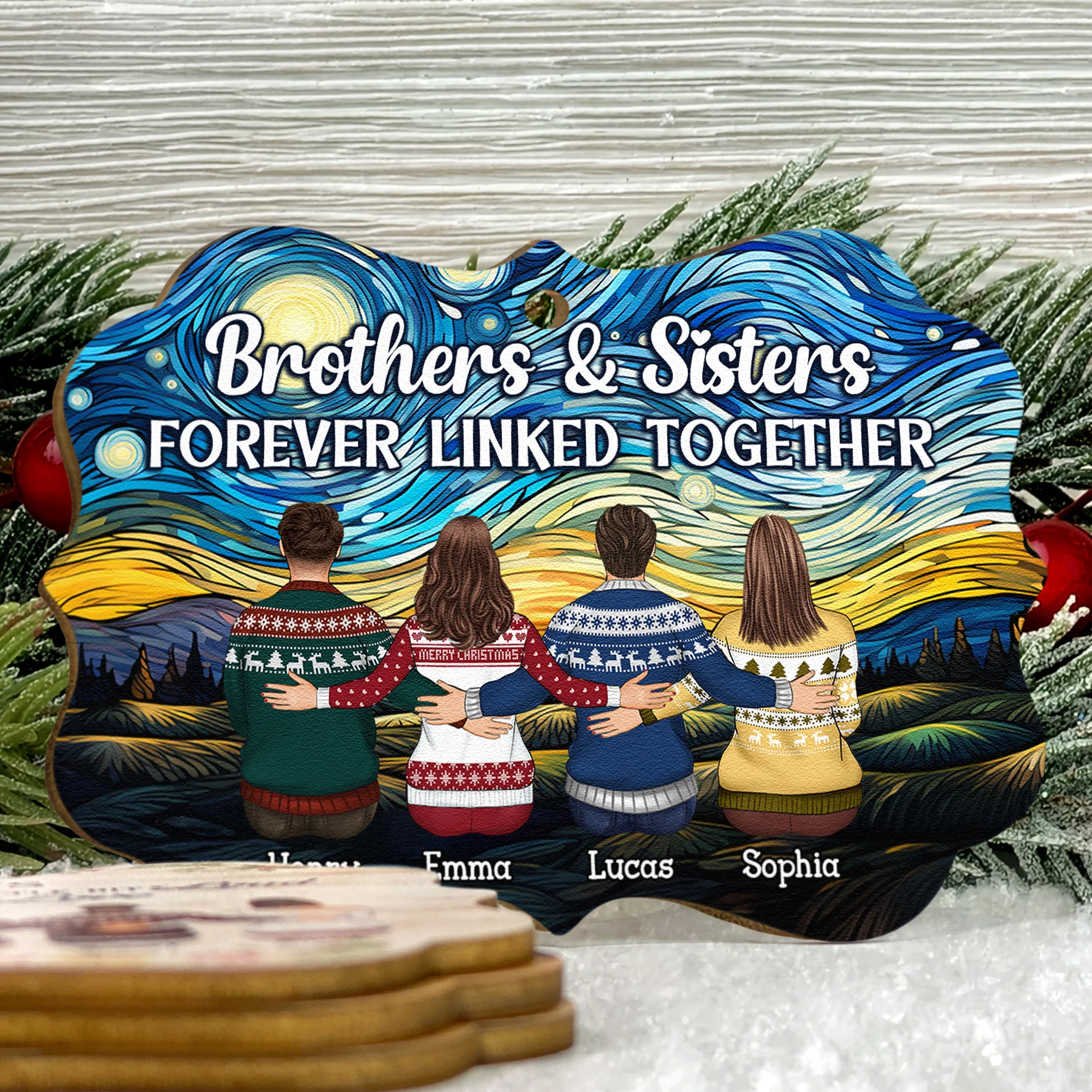 Brothers & Sisters Christmas Ornament - Personalized Wooden Ornament - Image 3