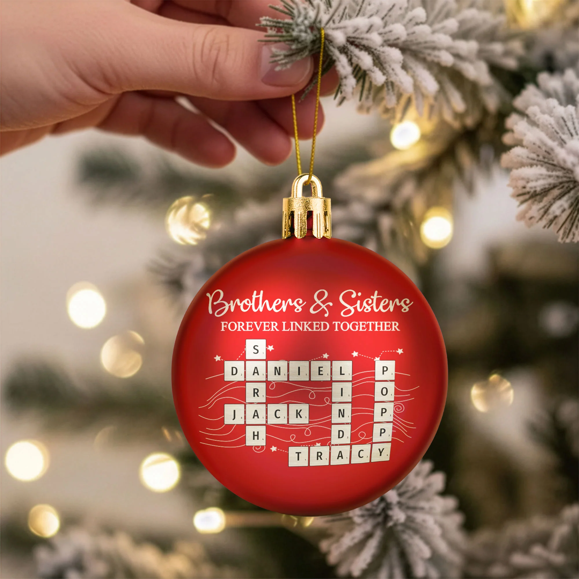 Brothers & Sisters Forever Linked Together Scrabble Christmas Ornament - Personalized Ball Ornament - Image 3