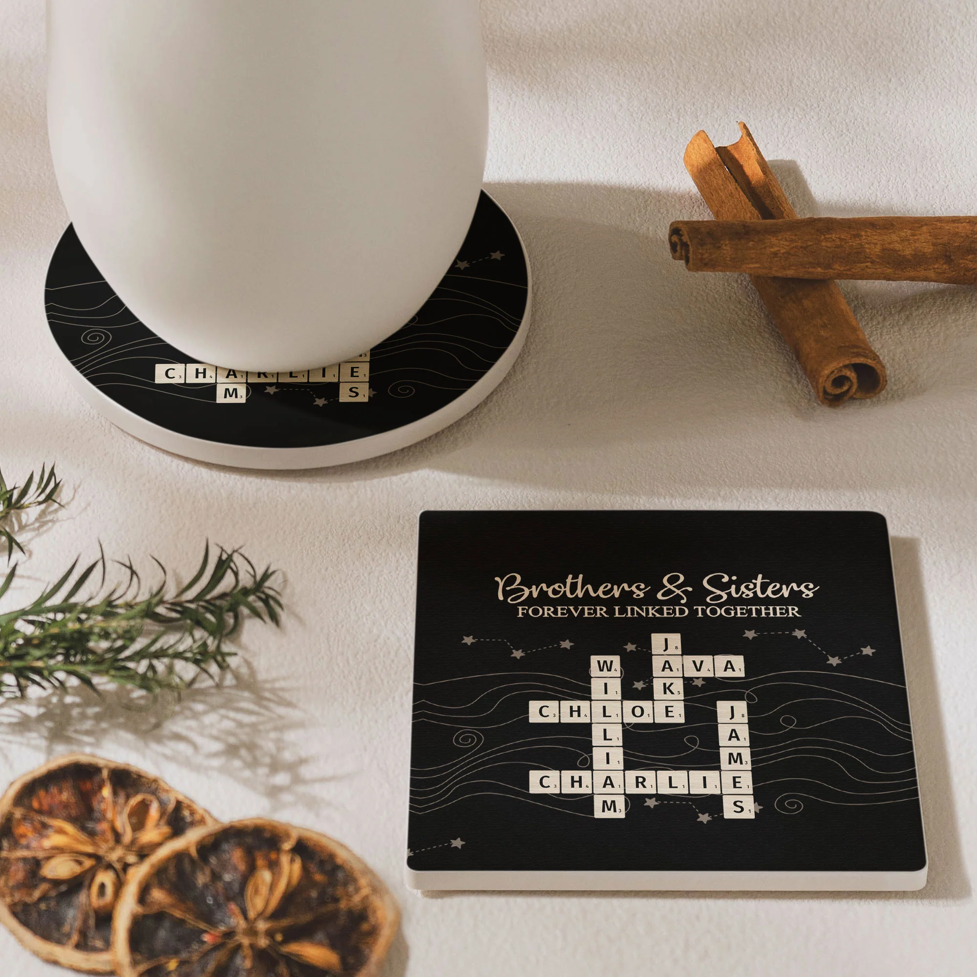 Brothers & Sisters Forever Linked Together Scrabble - Personalized Ceramic Coaster - Image 2