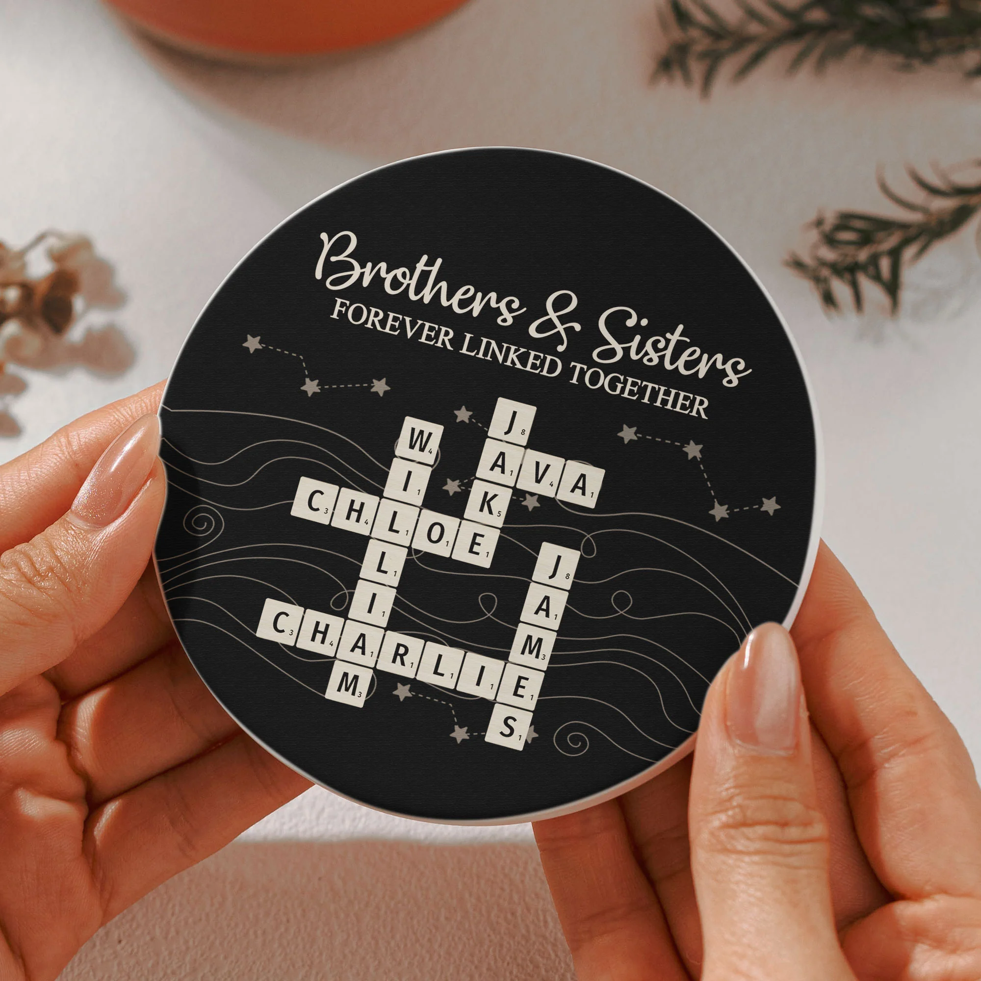 Brothers & Sisters Forever Linked Together Scrabble - Personalized Ceramic Coaster - Image 3