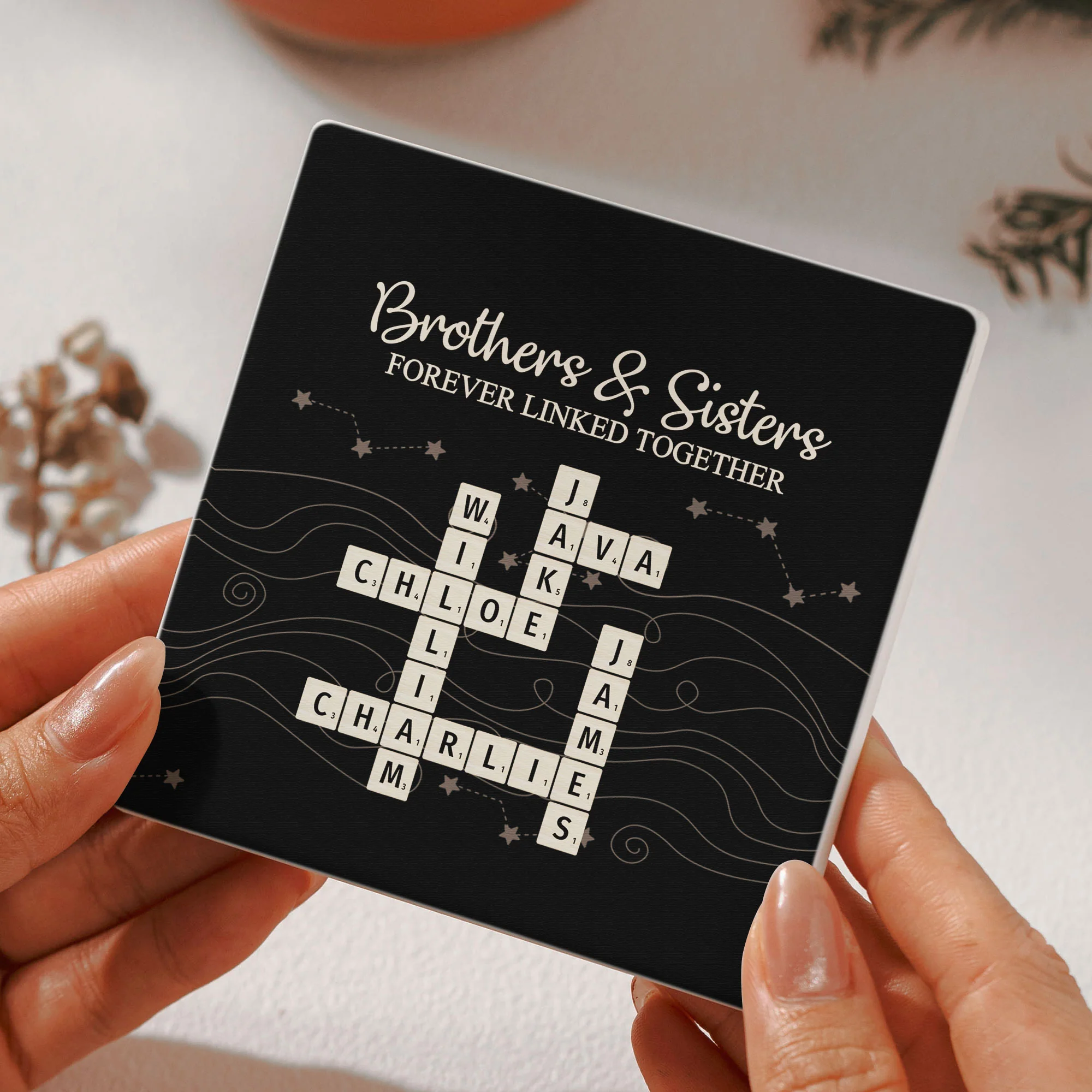 Brothers & Sisters Forever Linked Together Scrabble - Personalized Ceramic Coaster - Image 4