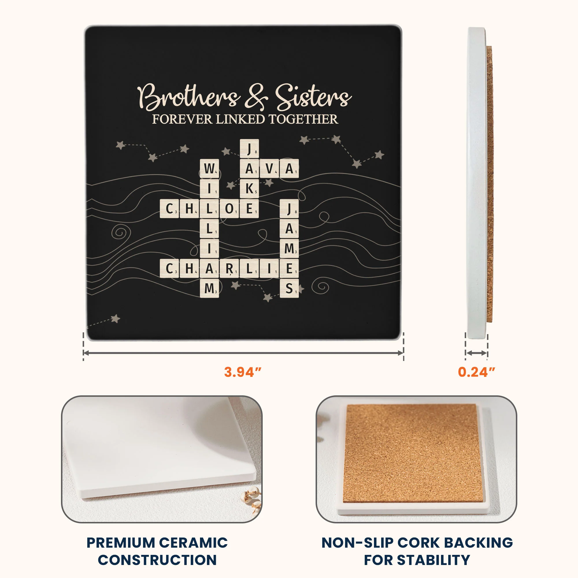 Brothers & Sisters Forever Linked Together Scrabble - Personalized Ceramic Coaster - Image 6