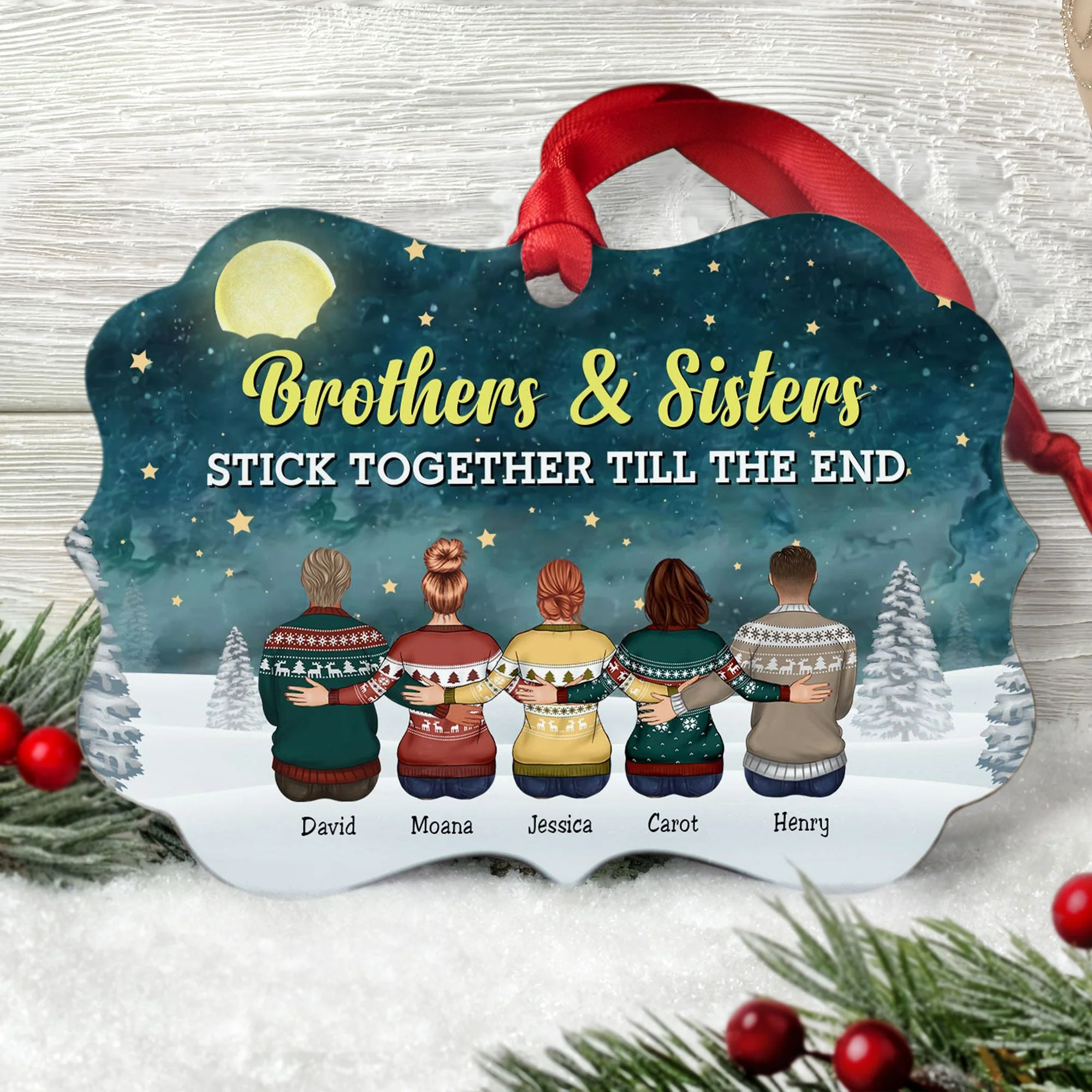 Brothers & Sisters Stick Together Till The End - Personalized Aluminum/Wooden Ornament - Christmas, Loving Gift For Family Members, Brothers, Sisters, Siblings - Image 3