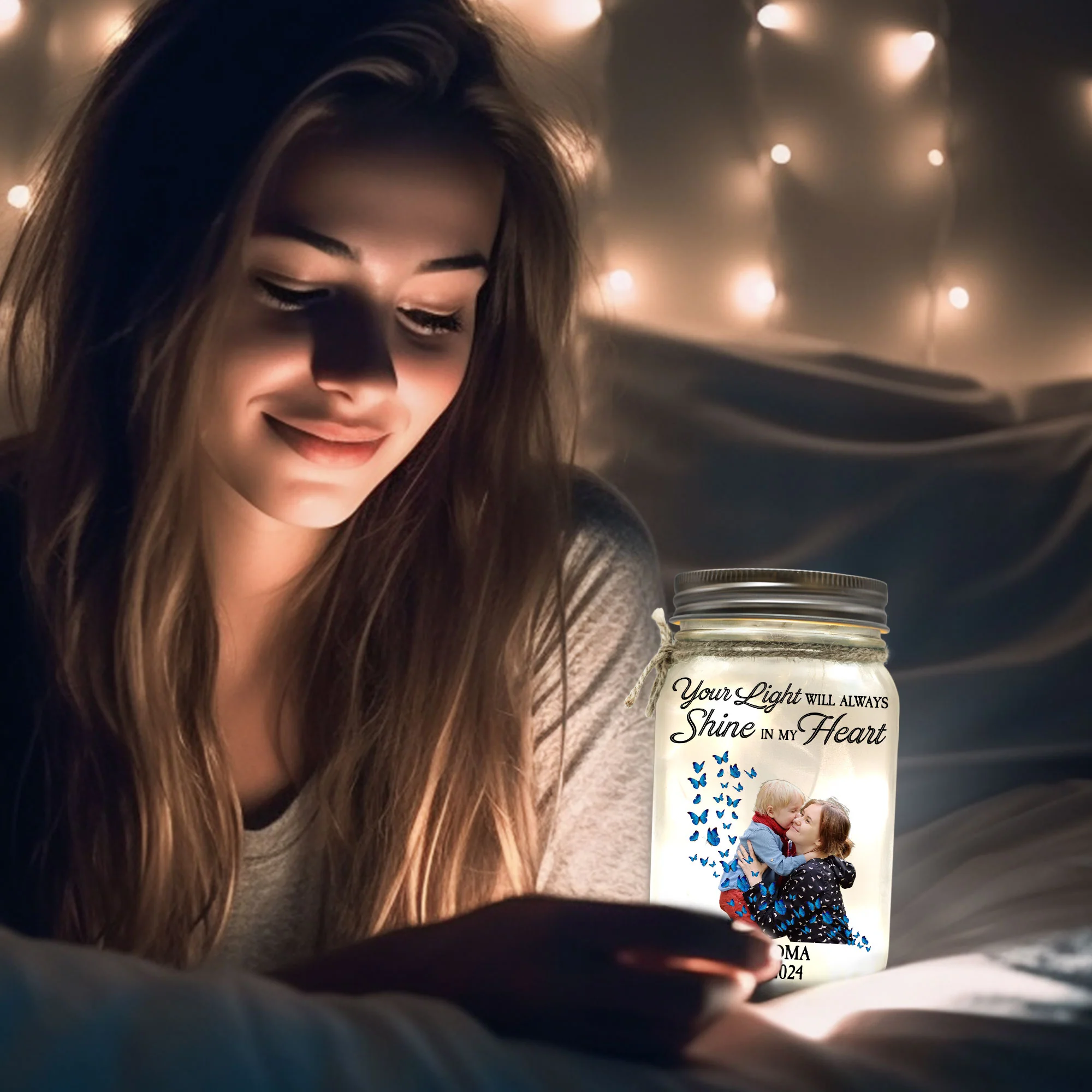 Butterflies Your Light Will Always Shine - Personalized Photo Mason Jar Light - Image 6