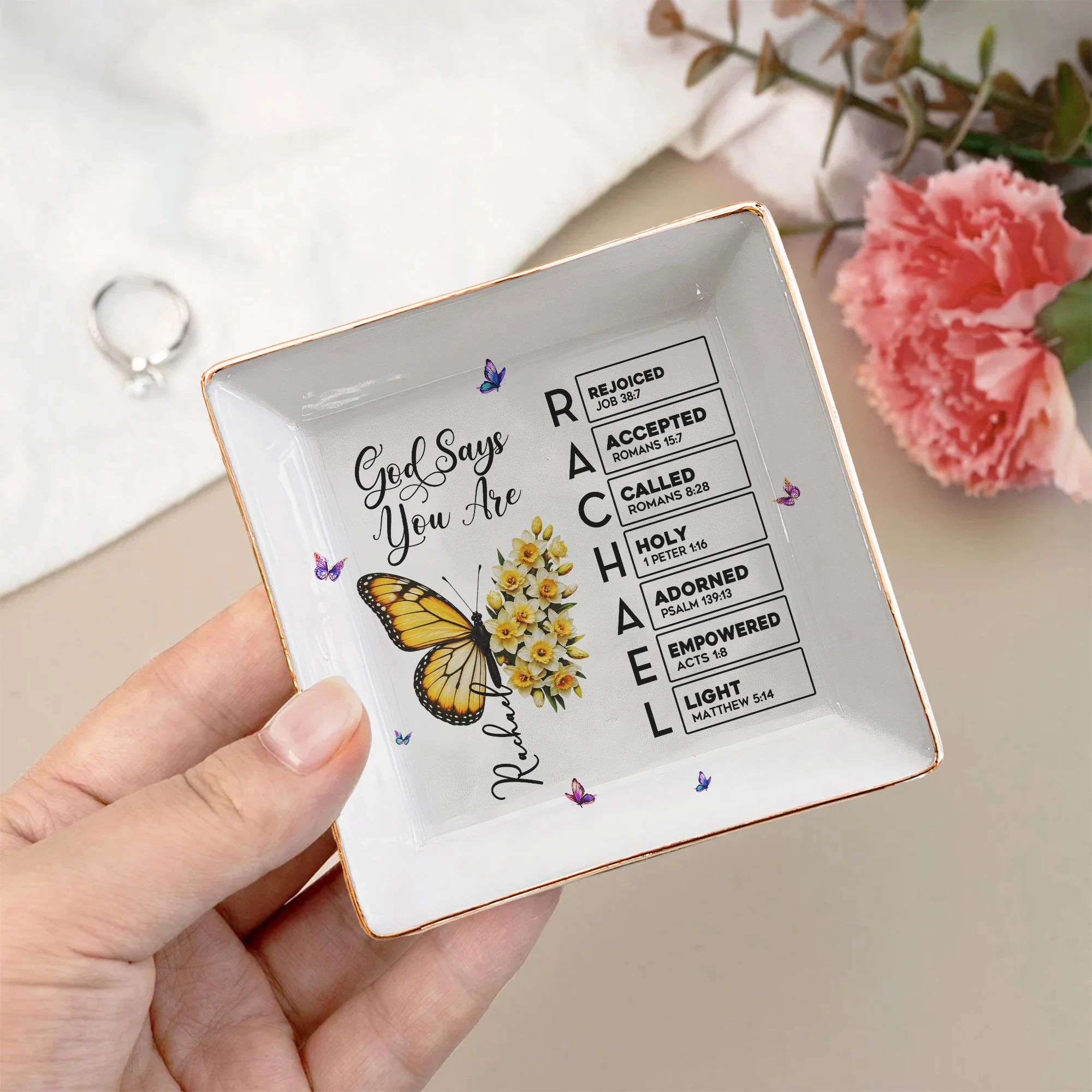 Butterfly Birth Flower Gift For Self, Friend, Daughter - Personalized Jewelry Dish - Image 9