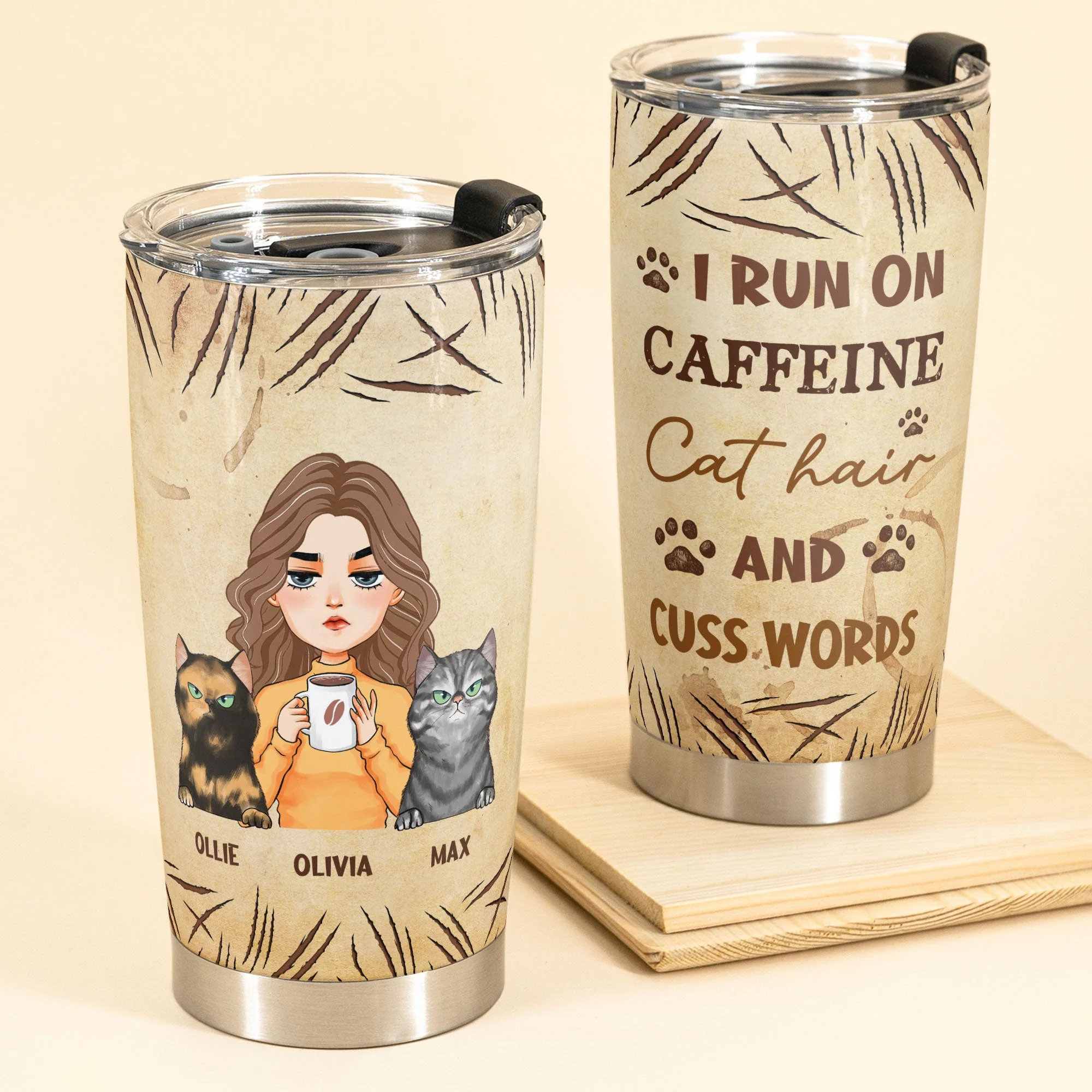 Caffeine, Cat Hair & Cuss Words - Personalized Tumbler Cup - Birthday Gift For Cat Lovers, Cat Moms, Friends, Fur Mama