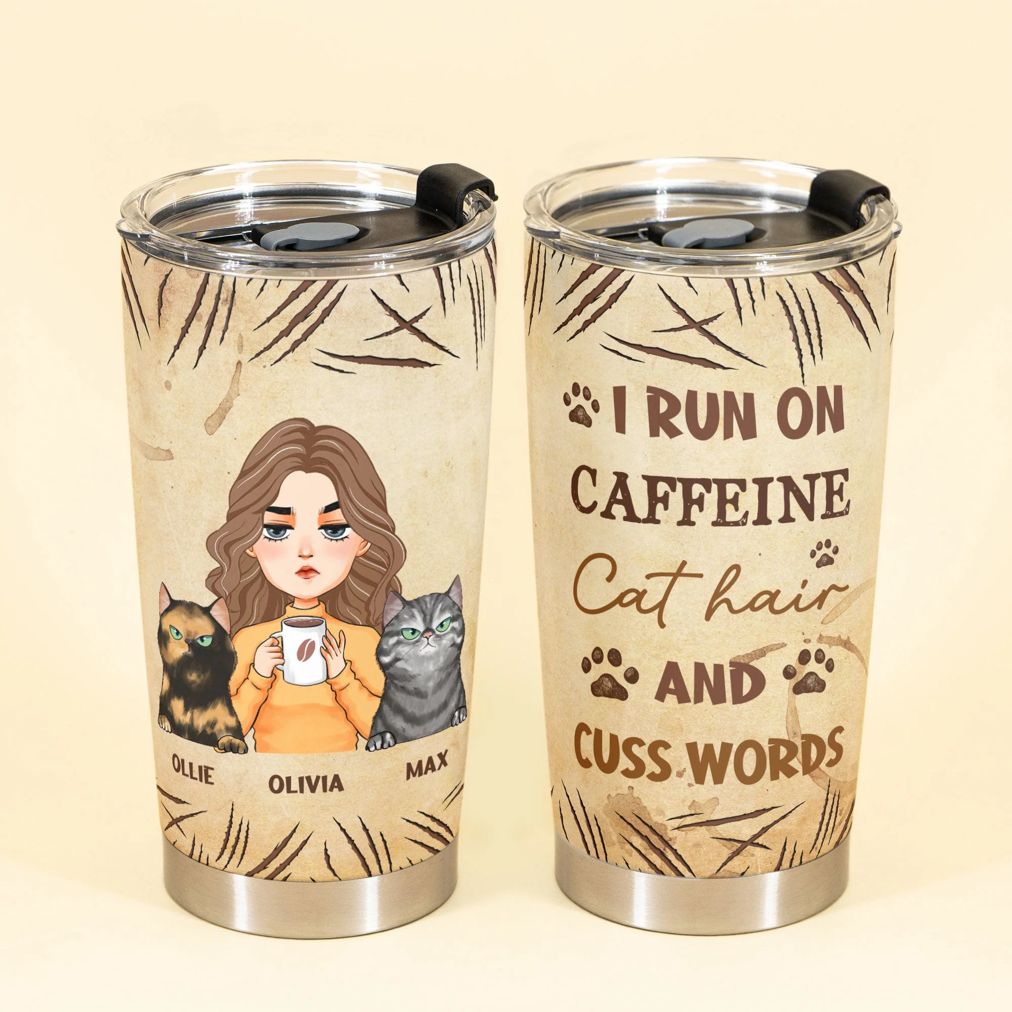 Caffeine, Cat Hair & Cuss Words - Personalized Tumbler Cup - Birthday Gift For Cat Lovers, Cat Moms, Friends, Fur Mama - Image 2