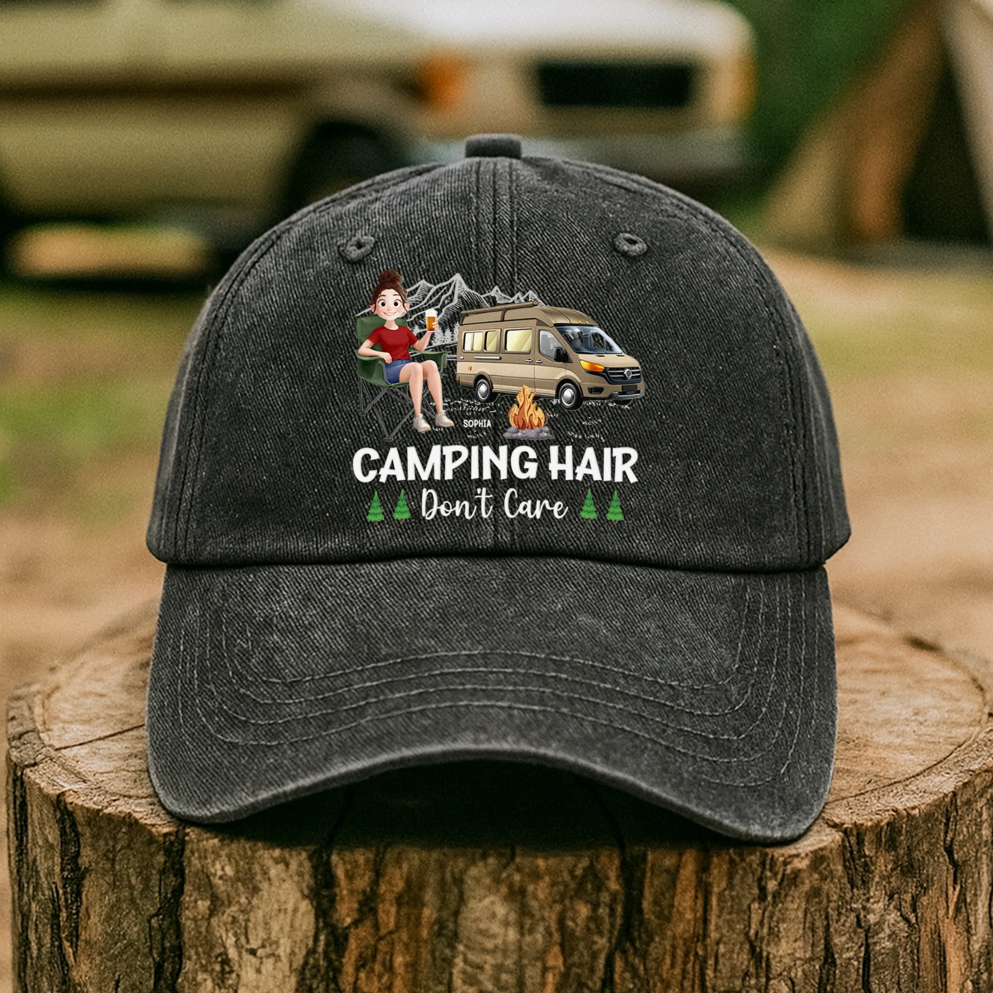 Camping Hair Don't Care - Personalized Distressed Denim Cap - Image 3