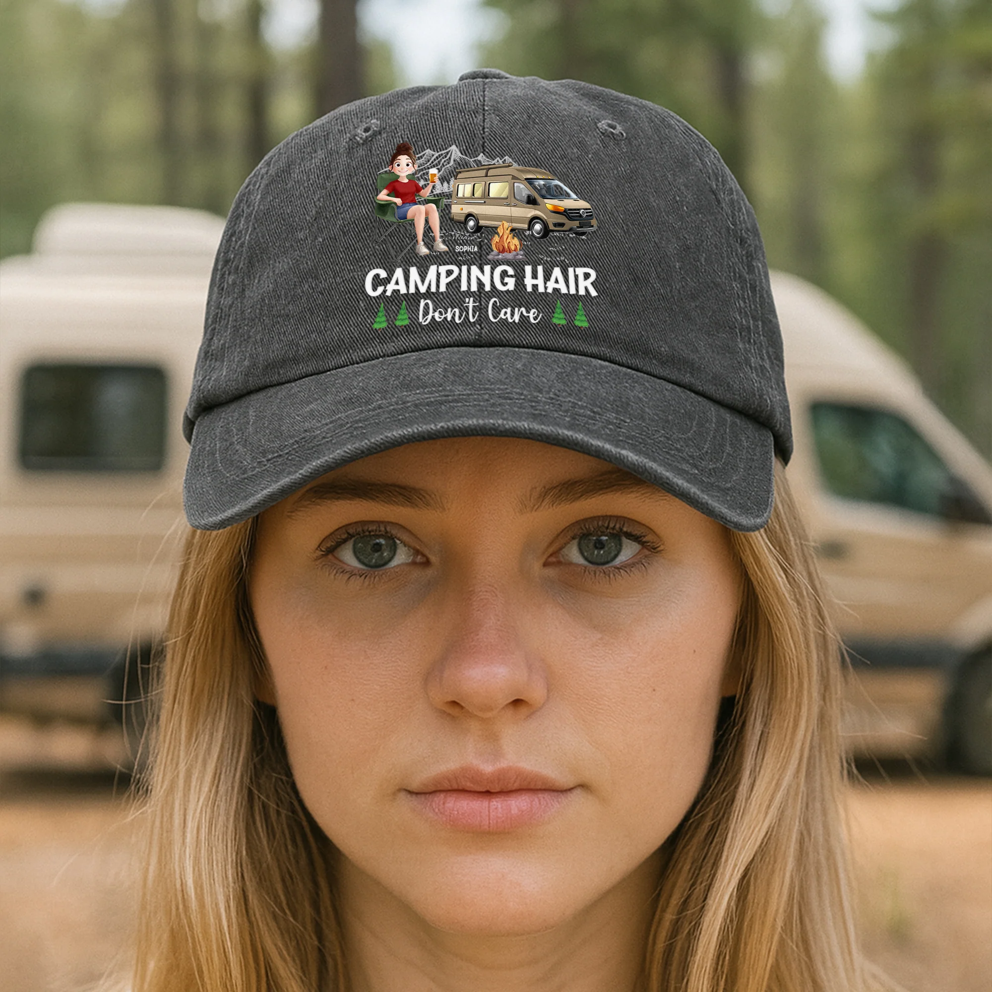 Camping Hair Don't Care - Personalized Distressed Denim Cap - Image 4