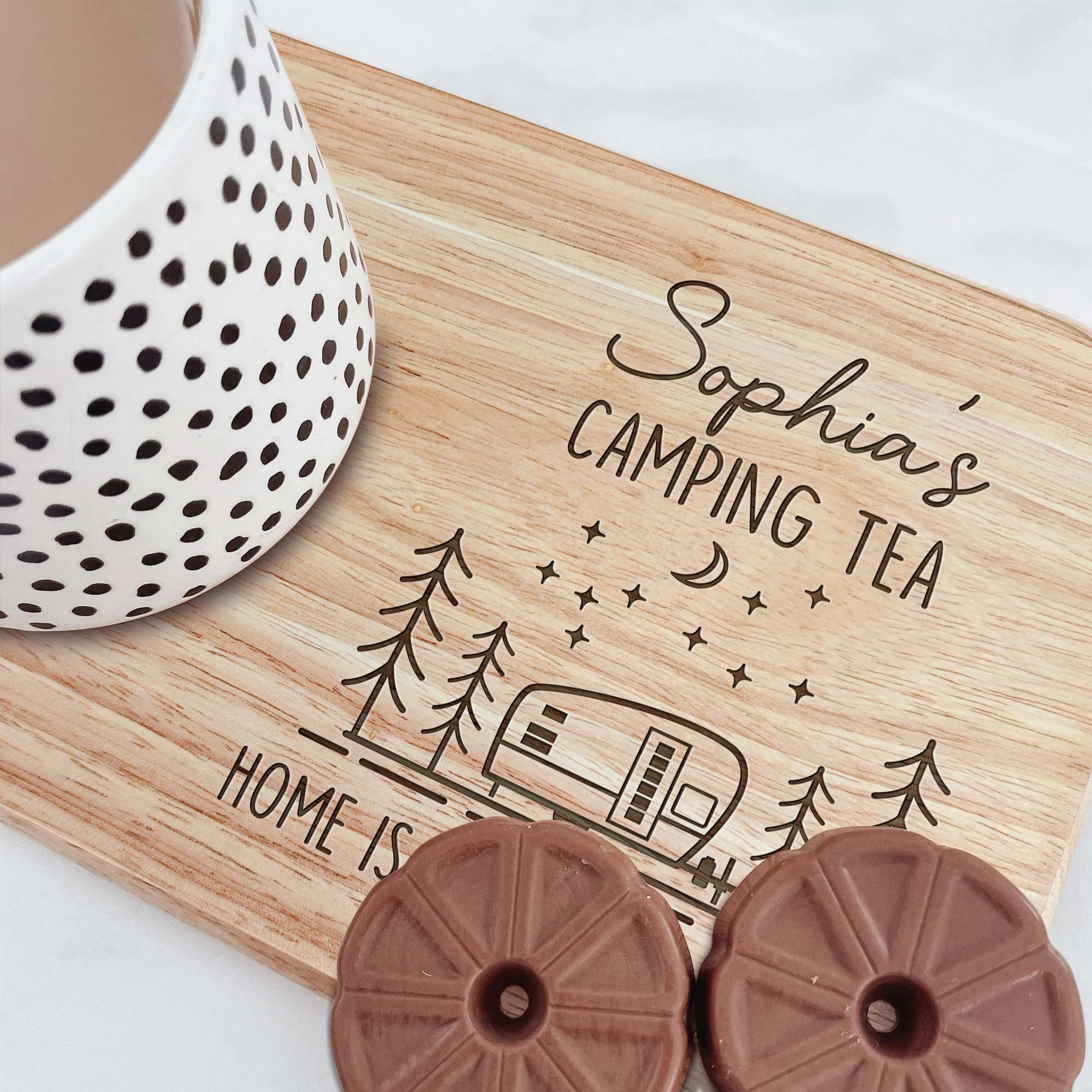 Camping Tea - Custom Engraved Wooden Tea & Biscuit Board - Image 2