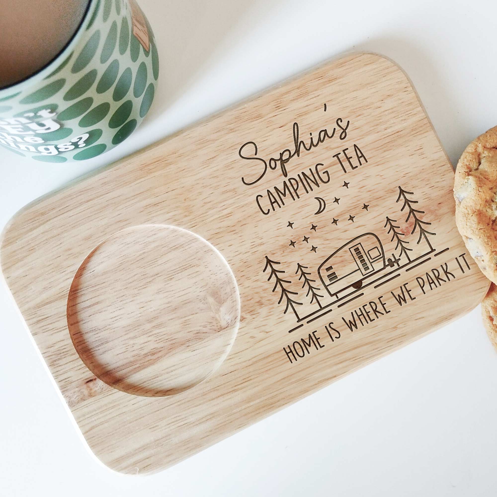 Camping Tea - Custom Engraved Wooden Tea & Biscuit Board - Image 3