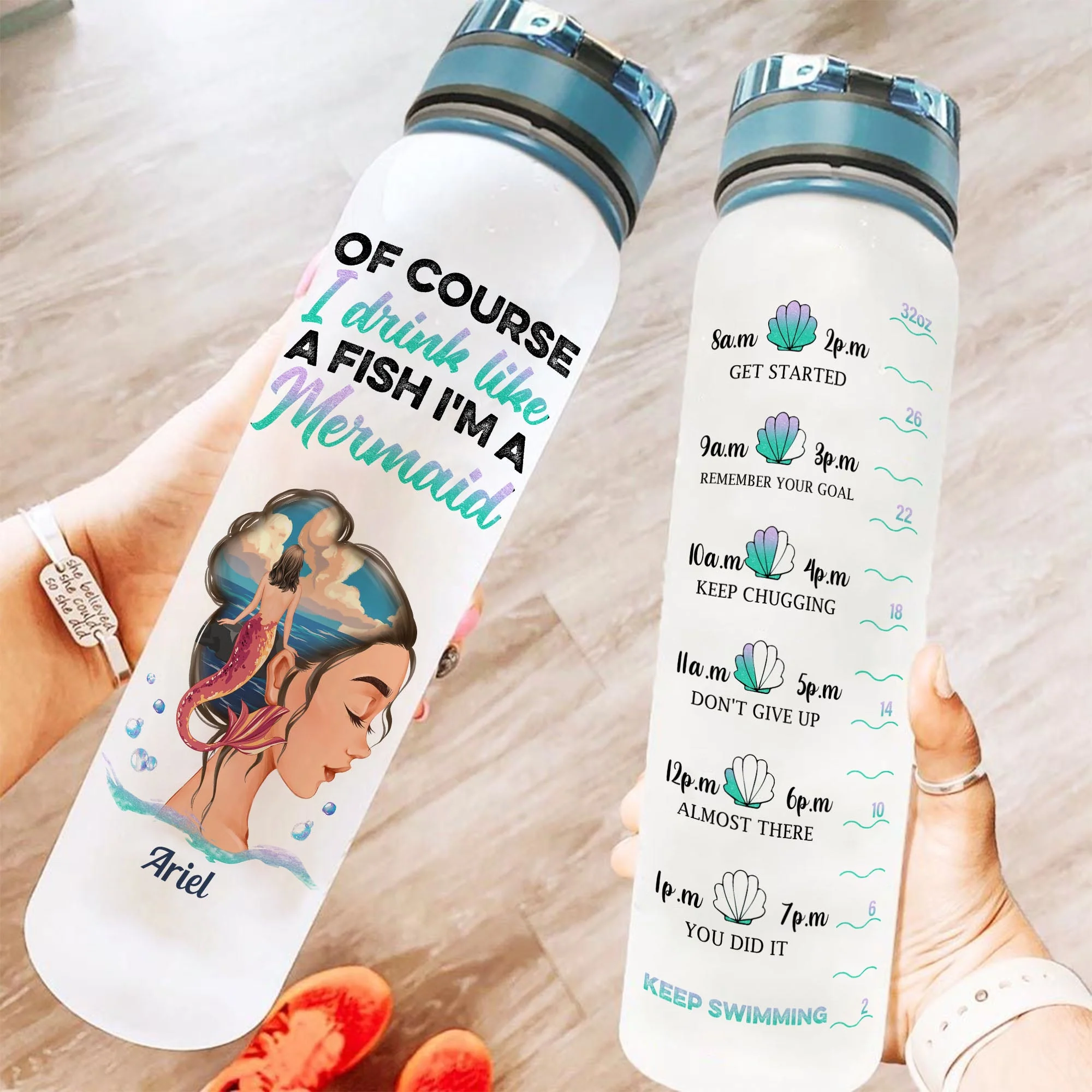 Can't Be A Mermaid Without Water - Personalized Water Tracker Bottle - Birthday Gift For Her, Mermaid Girls, Swimming Lovers, Mermaid - Image 2