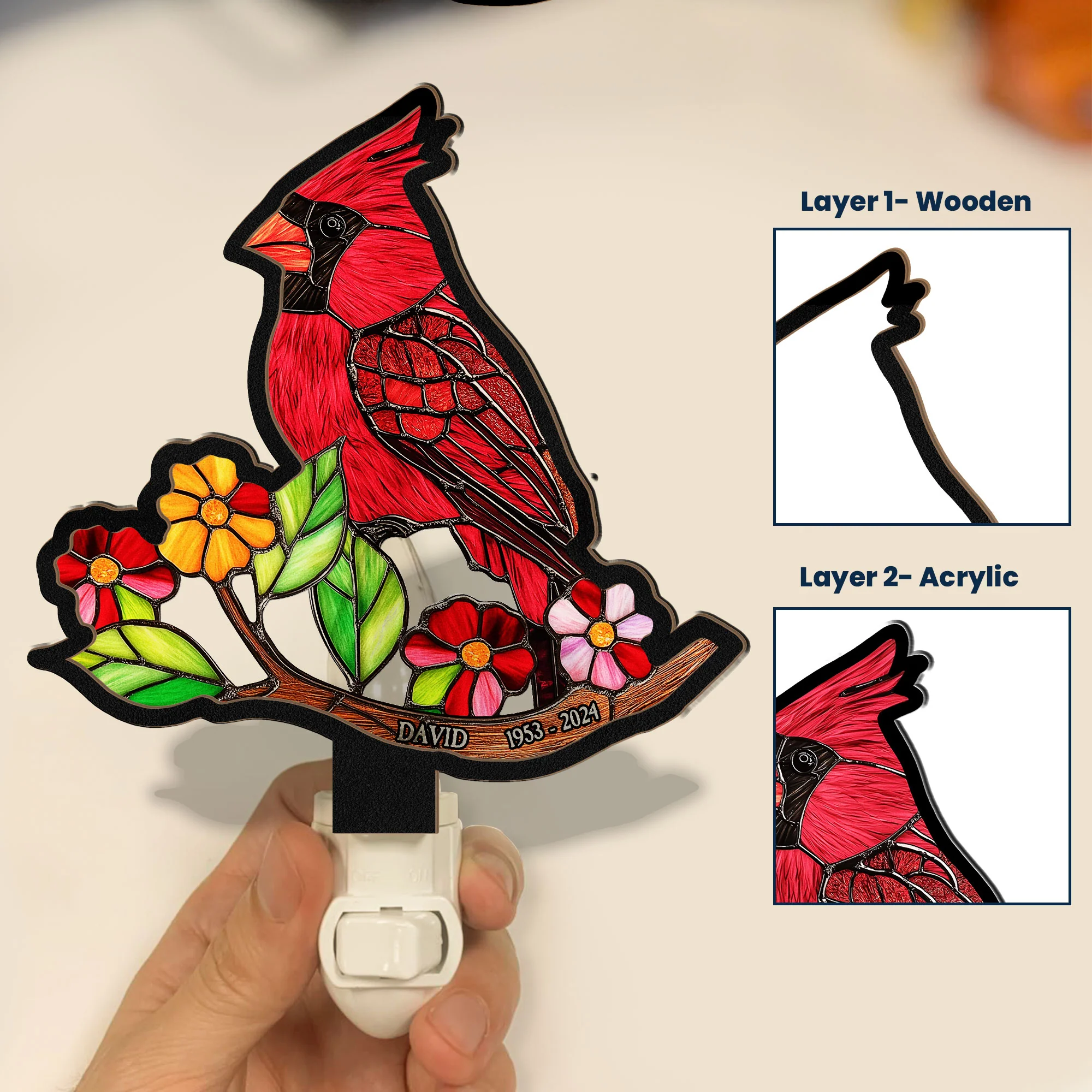Cardinal Bird - Personalized Wood And Acrylic Night Light - Image 2