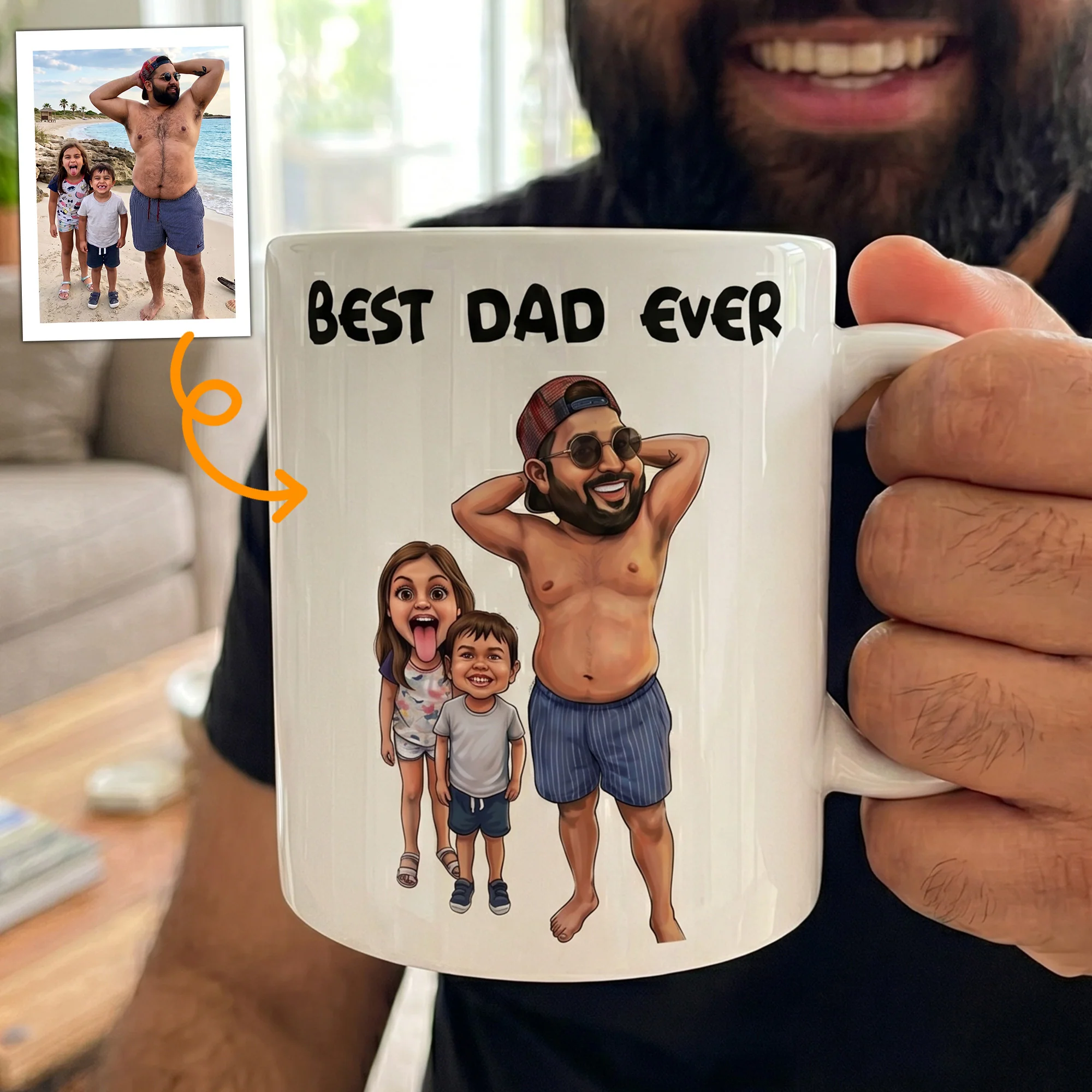 Caricature Funny Mug For Dad, Family - Custom Cartoon Drawing From Photo - Personalized Mug