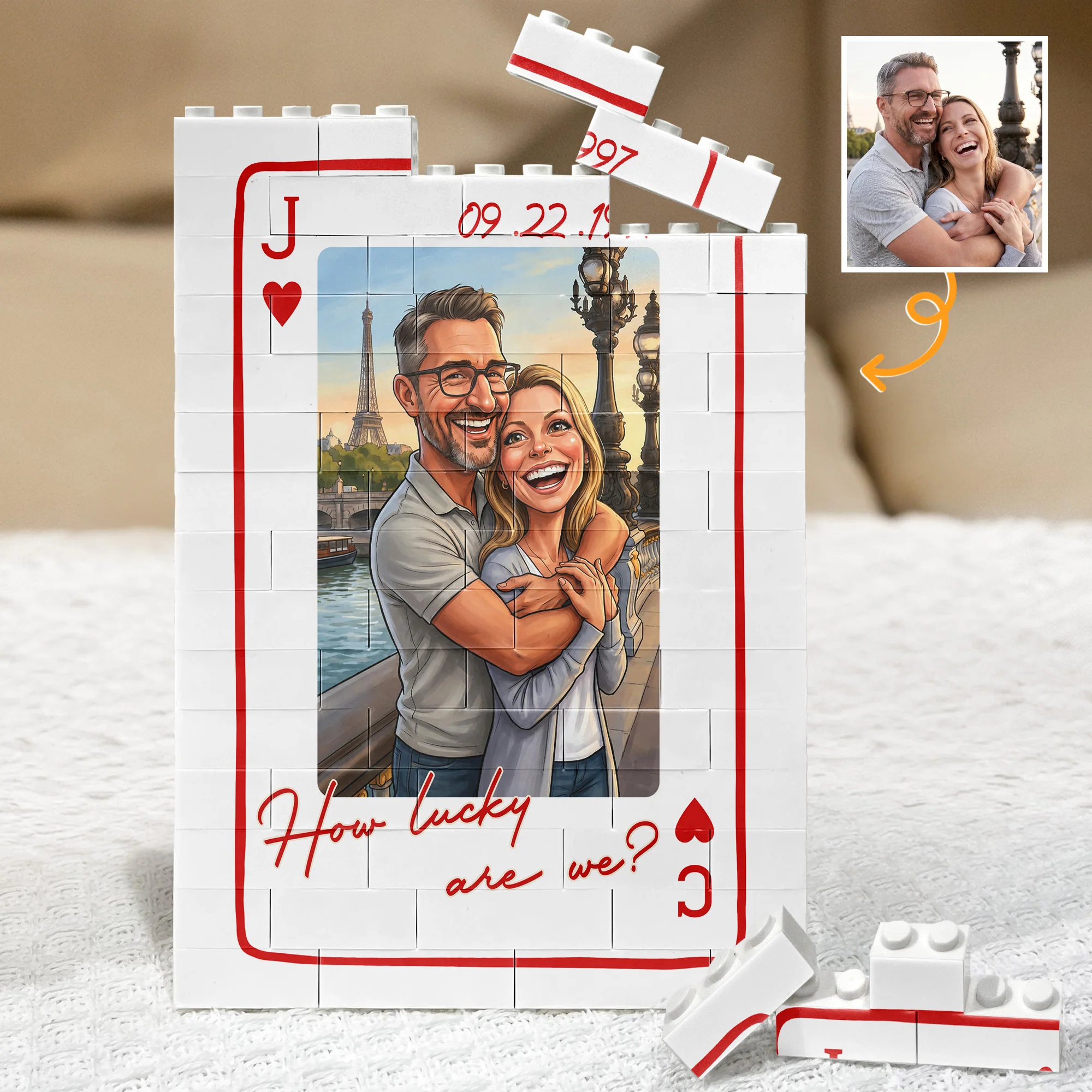 Caricature Your Photo Gift For Funny Couples, Anniversary Gift - King & Queen How Lucky We Are - Personalized Building Blocks