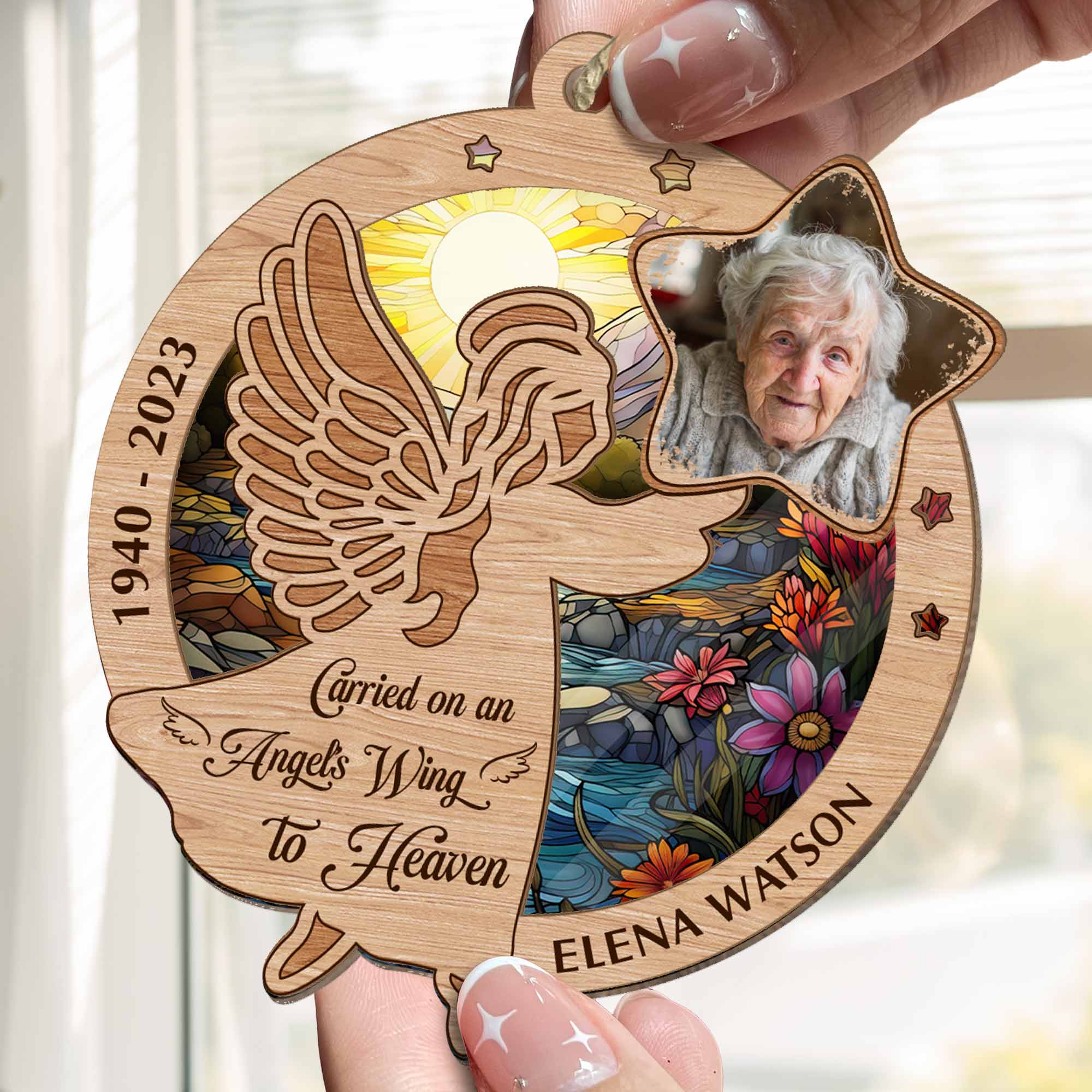 Carried On An Angel'S Wing To Heaven - Personalized Suncatcher Ornament - Image 2