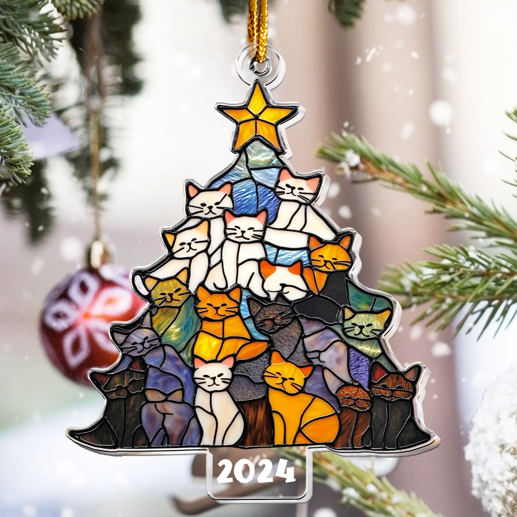 Cat Christmas Tree Flatten Stained Glass Style - Personalized Acrylic Ornament - Image 3