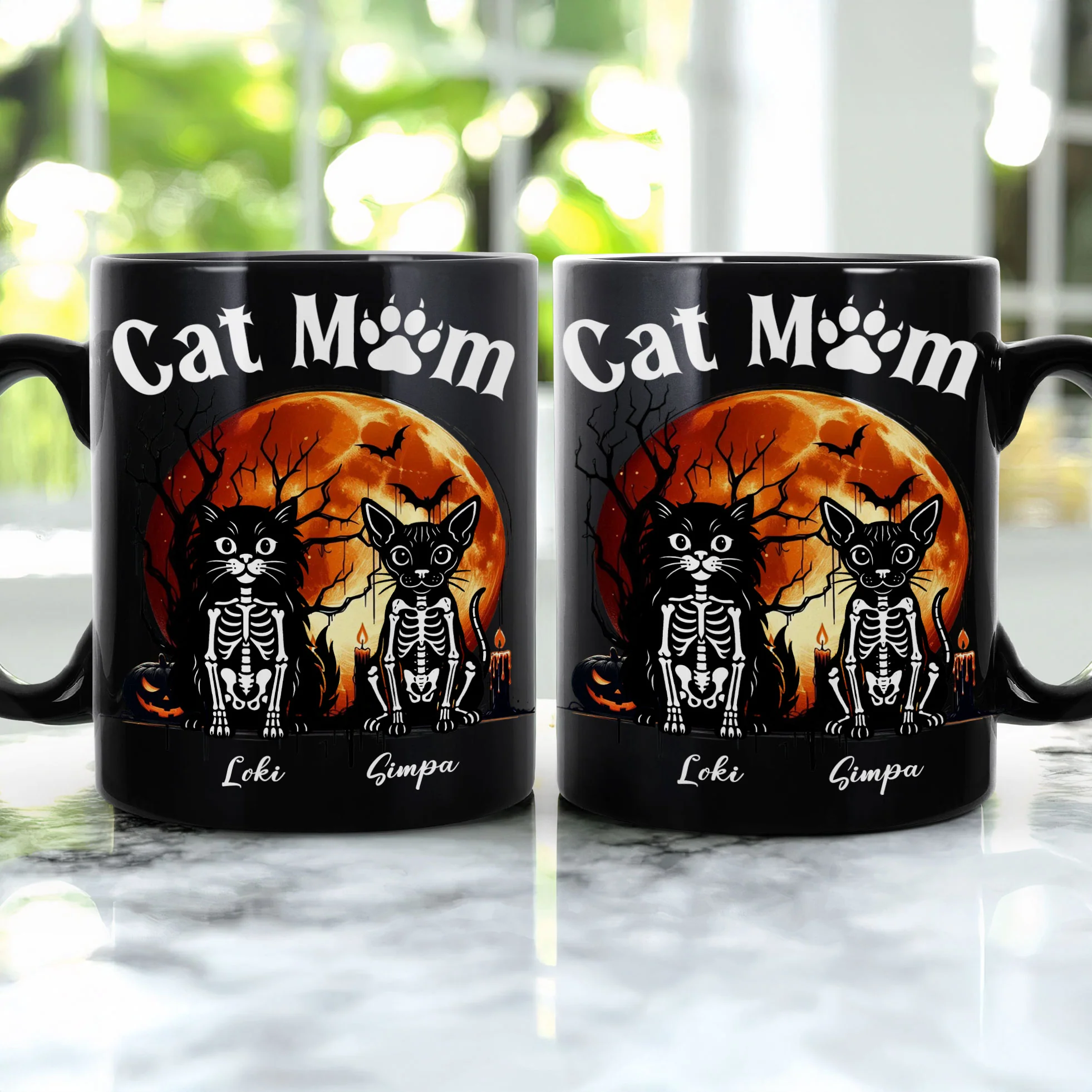 Cat Dog Pet Skeleton Halloween Moon - Personalized Mug - Image 2