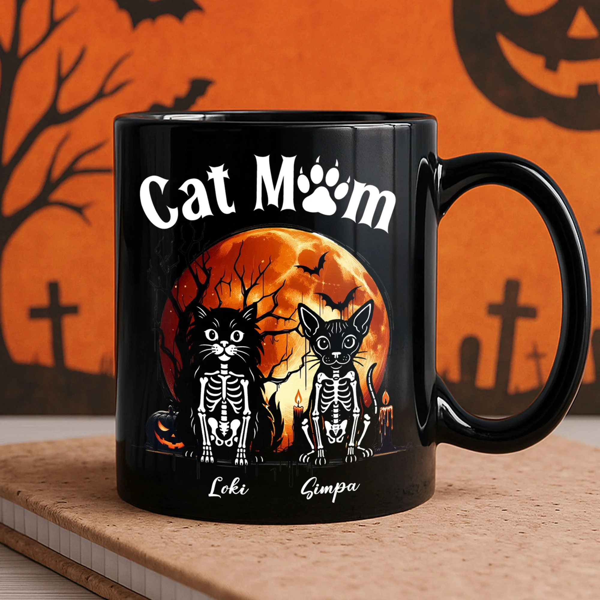Cat Dog Pet Skeleton Halloween Moon - Personalized Mug - Image 5