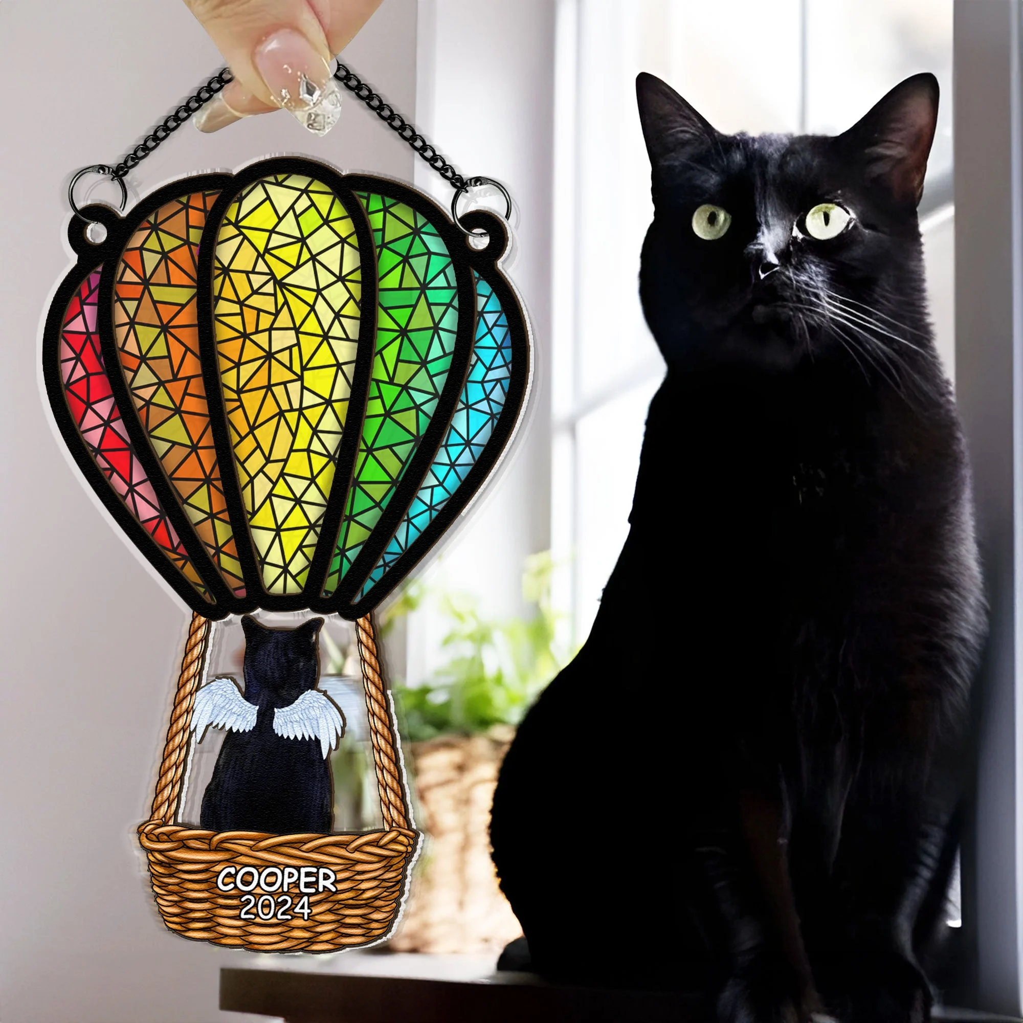 Cat Flying With Air Balloon - Personalized Window Hanging Suncatcher Ornament - Image 3