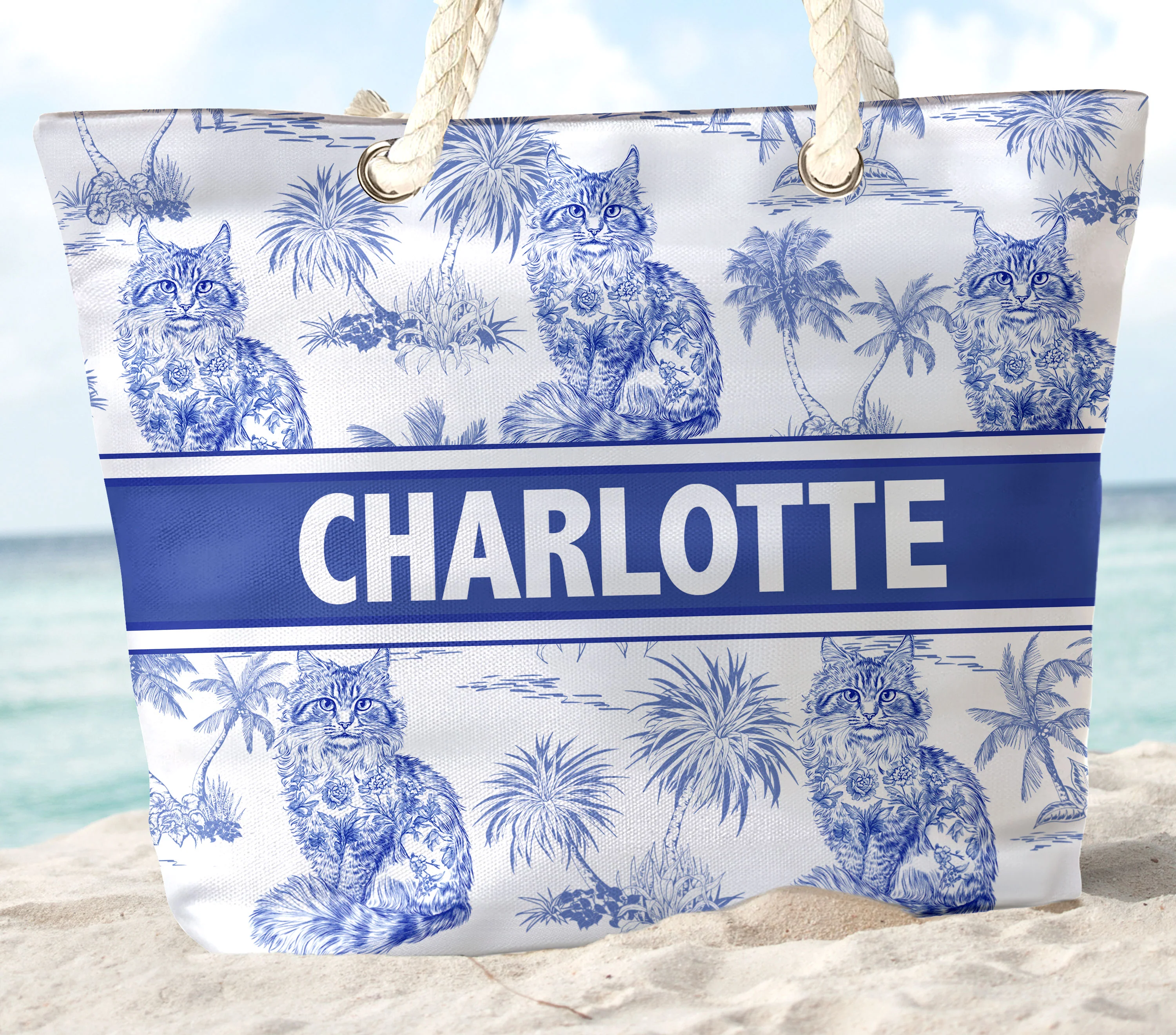 Cat Lover Chinoiserie Toile De Jouy Style - Personalized Beach Bag - Image 2