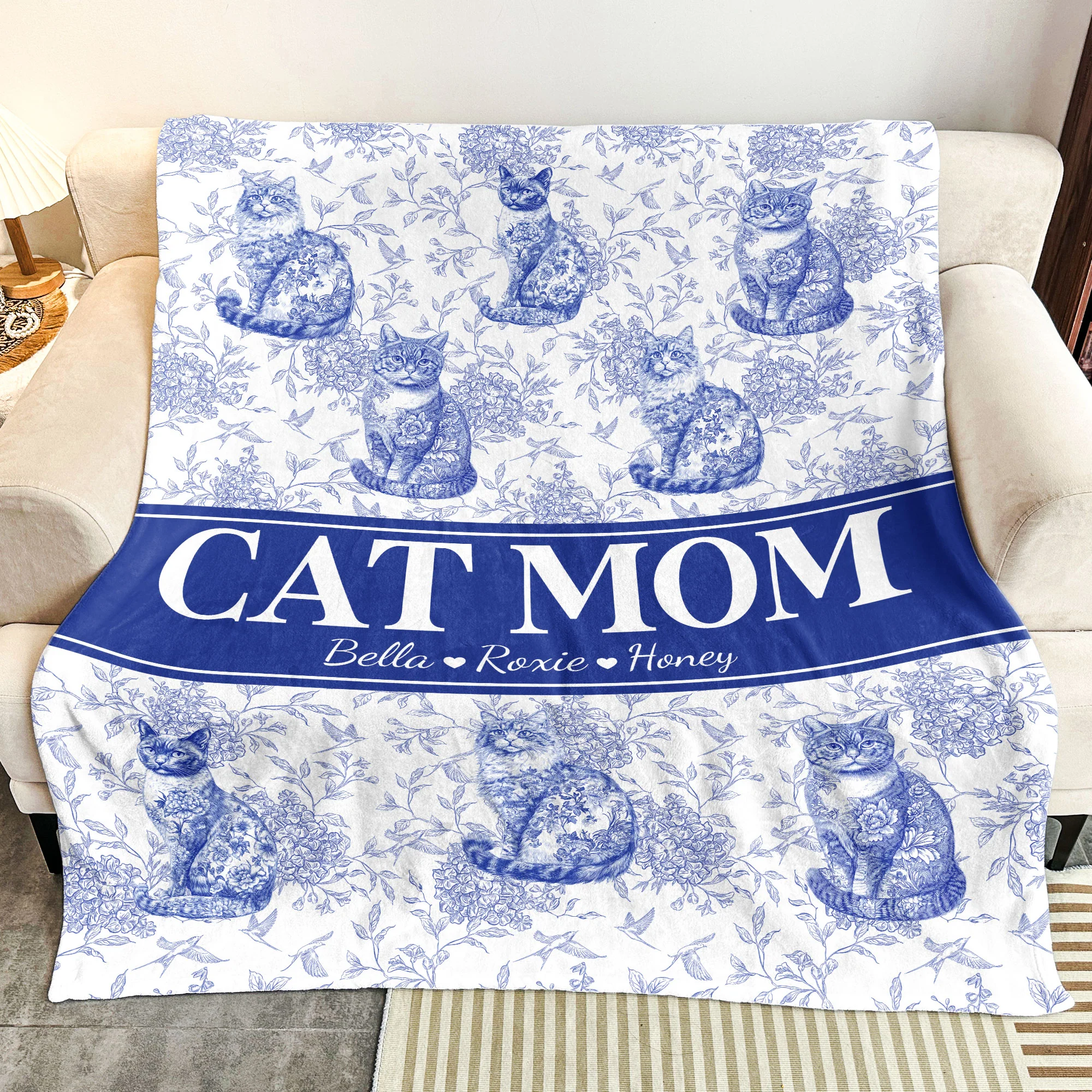 Cat Lover Chinoiserie Toile De Jouy Style - Personalized Blanket - Image 3