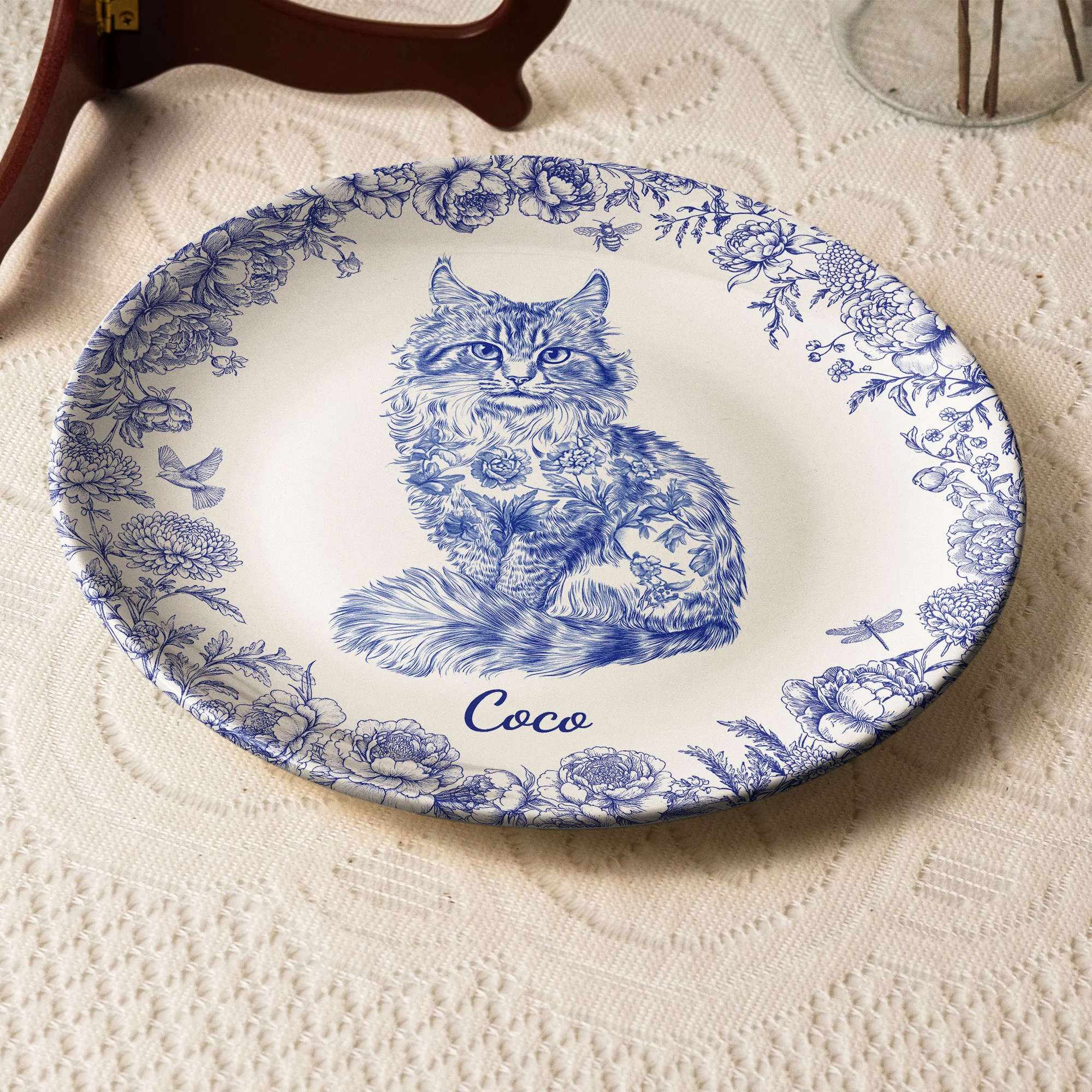 Cat Lover Chinoiserie Toile De Jouy Style - Personalized Ceramic Plate - Image 4