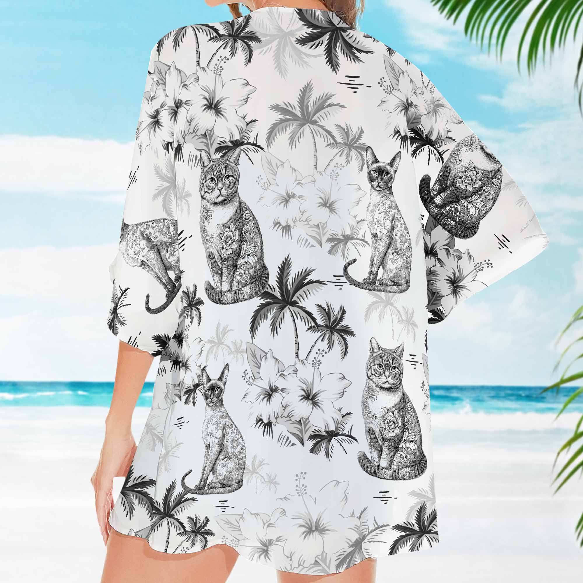 Cat Lover Toile De Jouy Style - Personalized Kimono Cover Up - Image 4