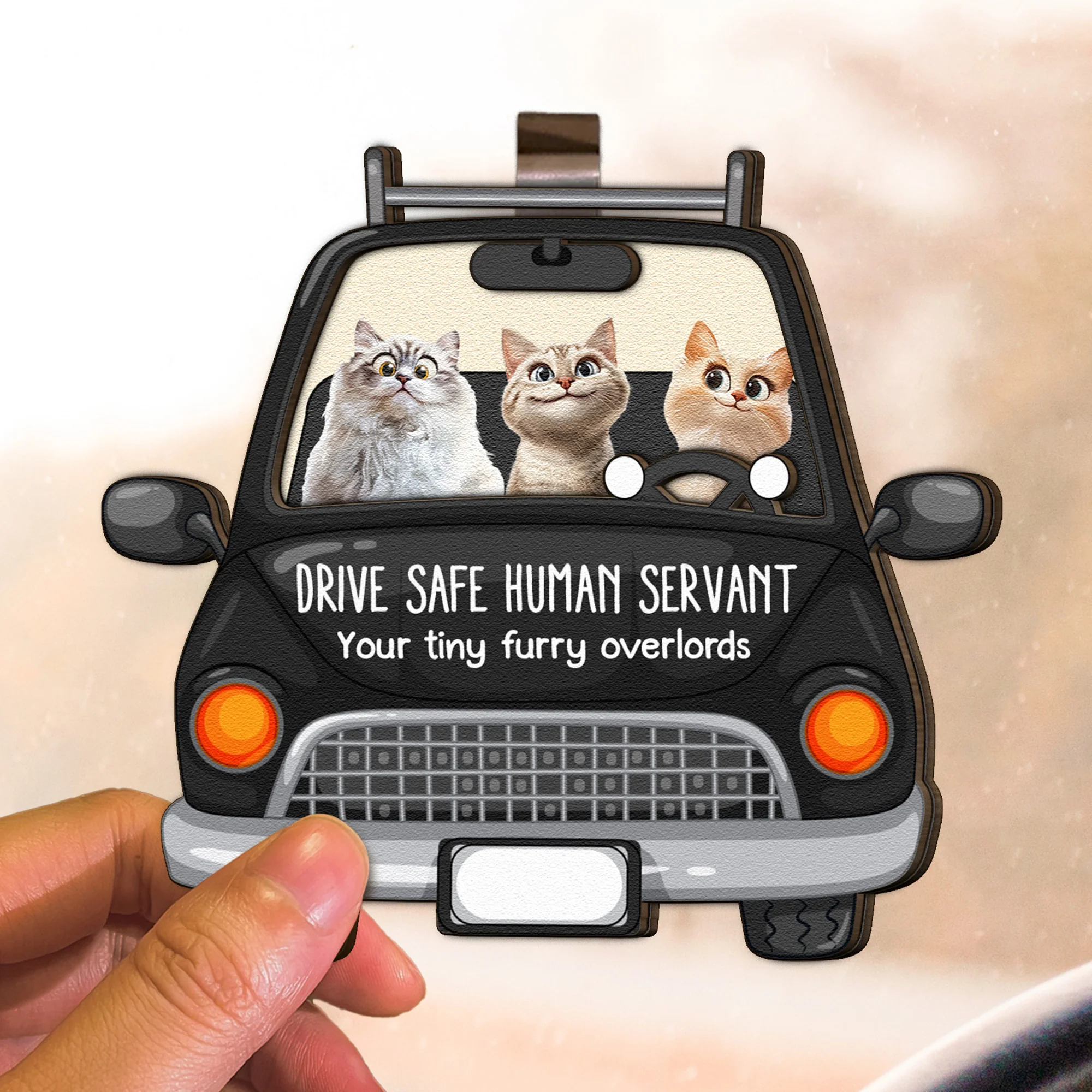 Cat Lovers Drive Safe Human Servant - Personalized Wooden Car Visor Clip - Image 3